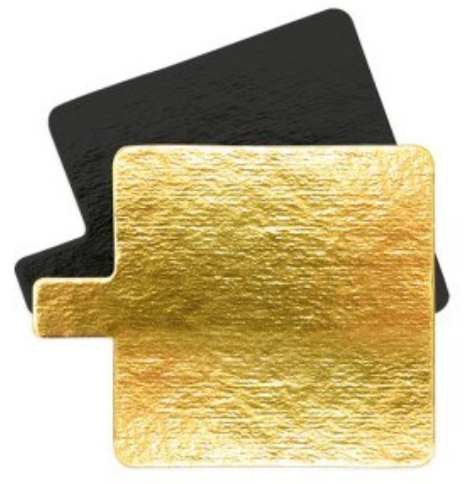 Elegantes 10er Set quadratischer Tortenhalter in Gold und Schwarz, perfekt für stilvolle Präsentationen von Torten und Desserts, 8 cm.