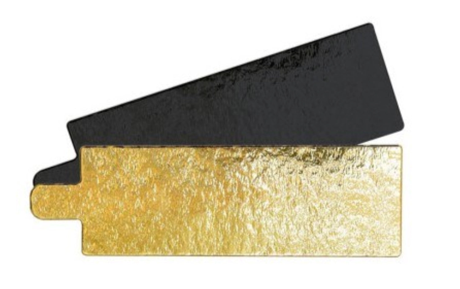 Stilvolles 10er Set rechteckiger Tortenhalter in Gold und Schwarz, ideal für die ansprechende Präsentation von Torten, Größe 4,5 x 13 cm.