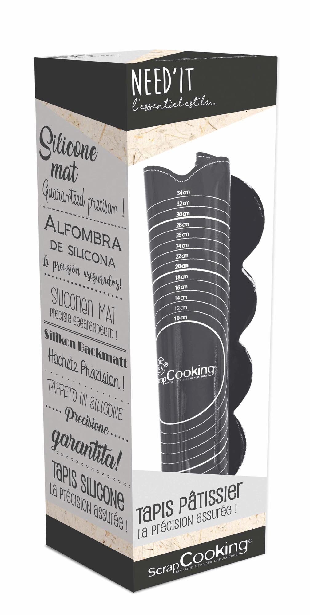 Schwarze Silikonbackmatte von Scrap Cooking: Antihaft, mit Hilfslinien, spülmaschinenfest, inkl. Rezept. Perfekt für präzises Backen.