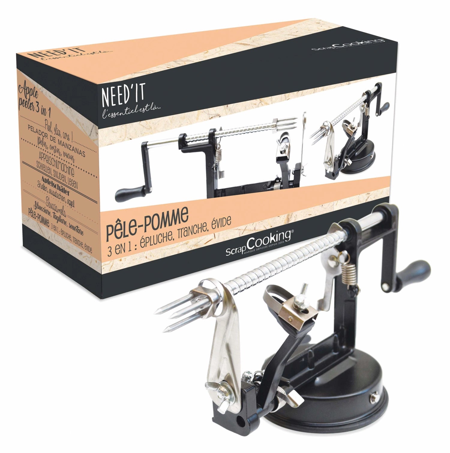 Entdecken Sie den 3 in 1 Apfelschäler von Scrap Cooking: schälen, schneiden und entkernen von Äpfeln leicht gemacht! Hochwertig, ergonomisch und kompakt.