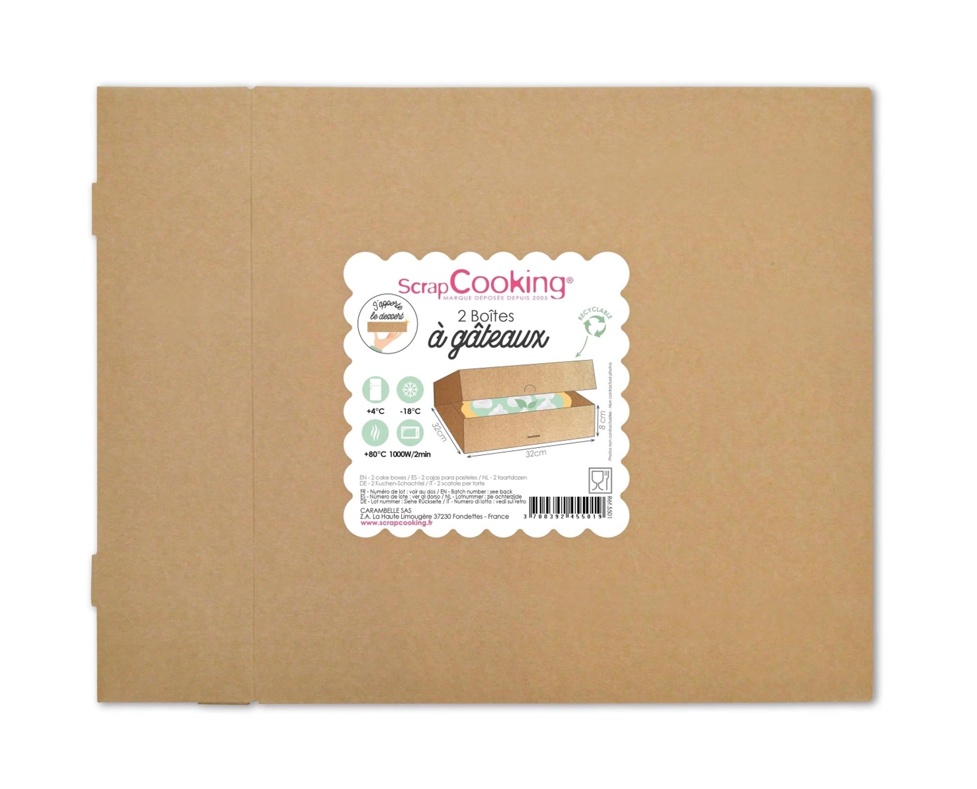 Praktisches 2er Set Tortenschachteln 32x32x8cm von Scrap Cooking. Stabil, lebensmittelecht und faltbar – ideal für den sicheren Transport Ihrer Torten!