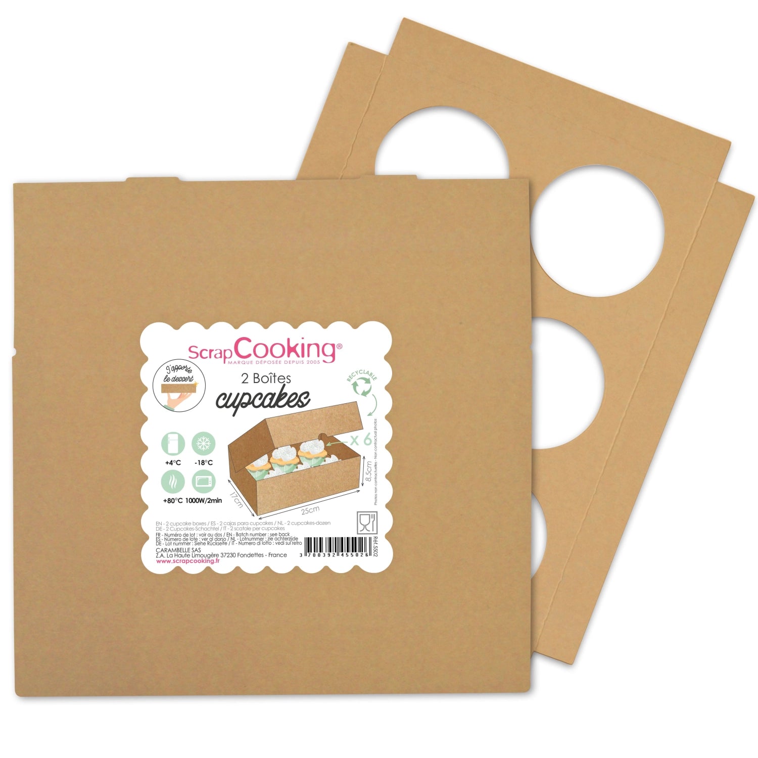 Zwei elegante Cupcake-Verpackungen von Scrap Cooking, perfekt für 12 köstliche Cupcakes. Maße: 17x25 cm, Höhe 8,5 cm, ideal für Feiern.