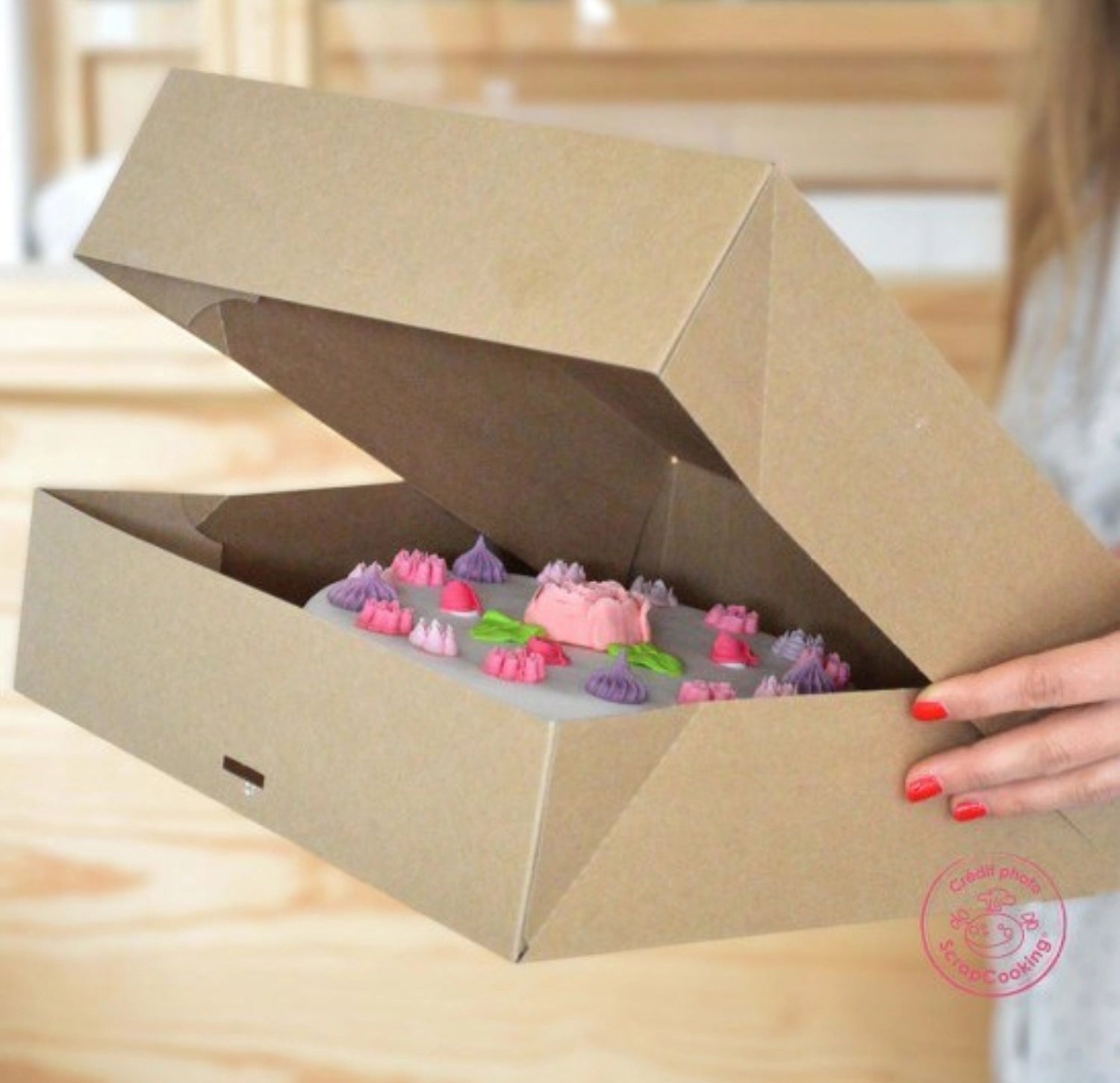 Zwei stilvolle Cupcake-Boxen von Scrap Cooking, geeignet für insgesamt 12 Cupcakes. Maße: 17x25 cm, Höhe 8,5 cm, ideal für besondere Anlässe.