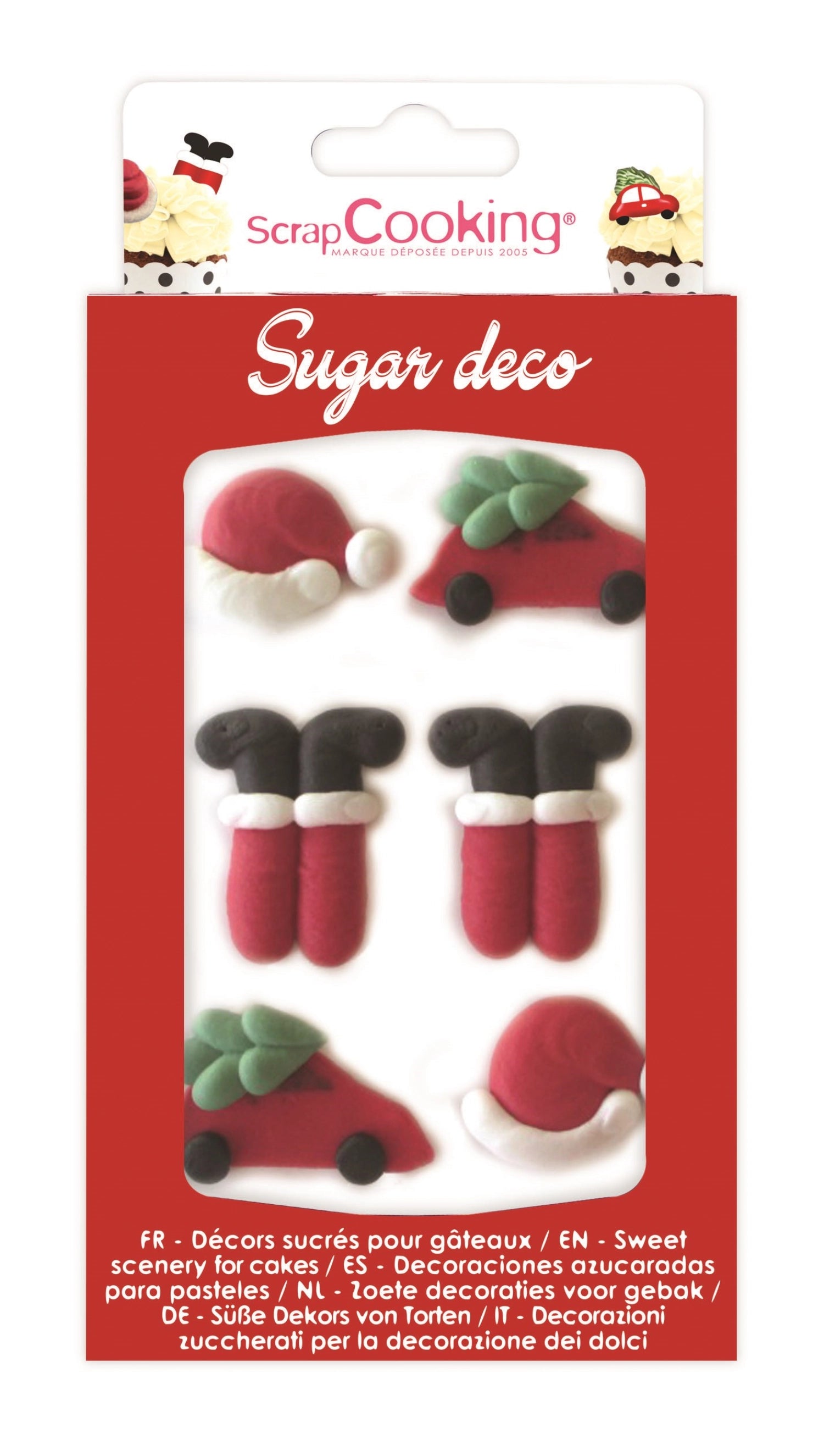 Sechs bunte Zuckerfiguren in Form von Weihnachtsmännern, perfekt zum Verzieren von Plätzchen und Torten für die festliche Saison.