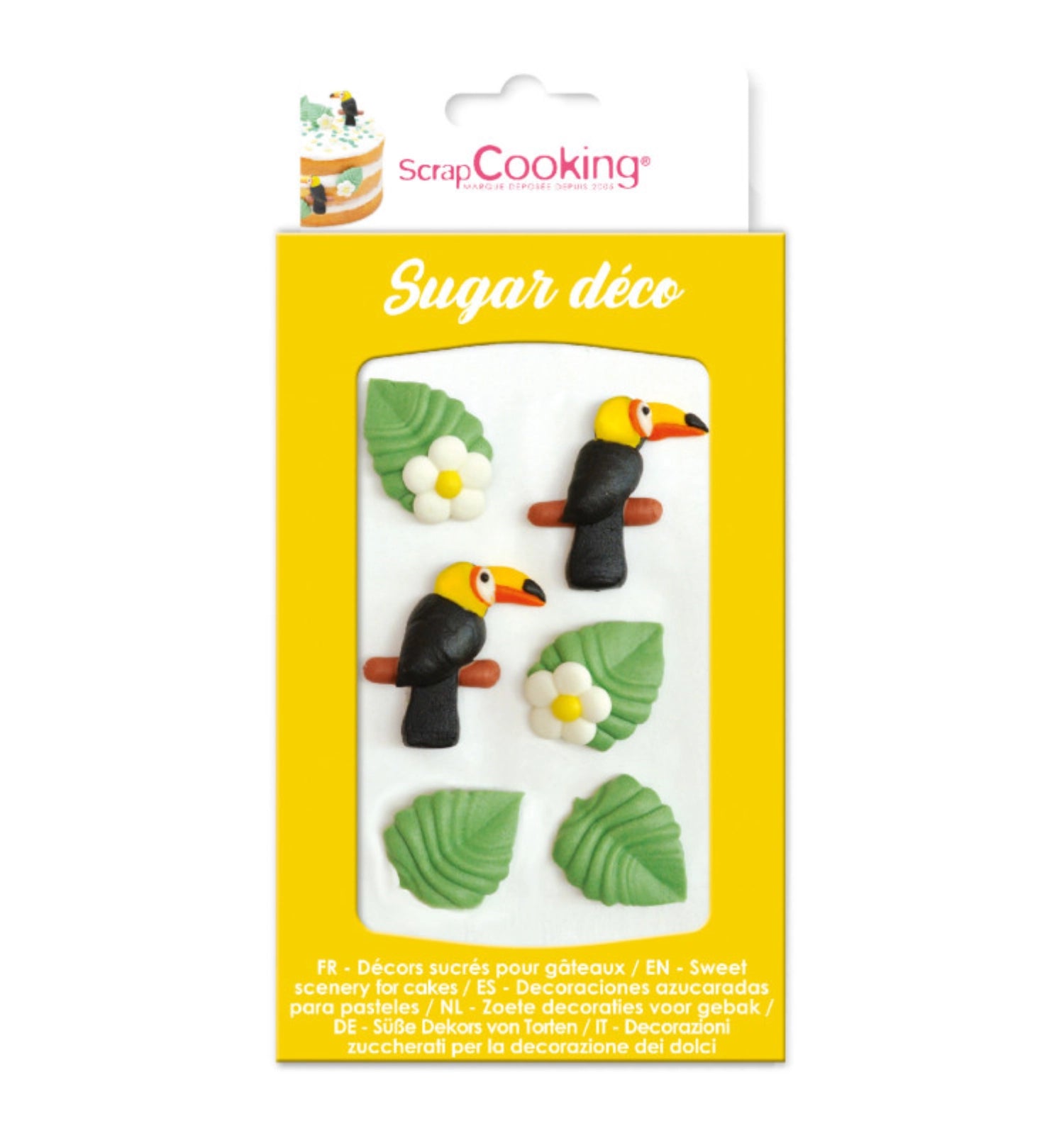 Sechs farbenfrohe Zucker-Dekorationen im tropischen Stil, perfekt zum Verzieren von Desserts und Backwaren für besondere Anlässe.