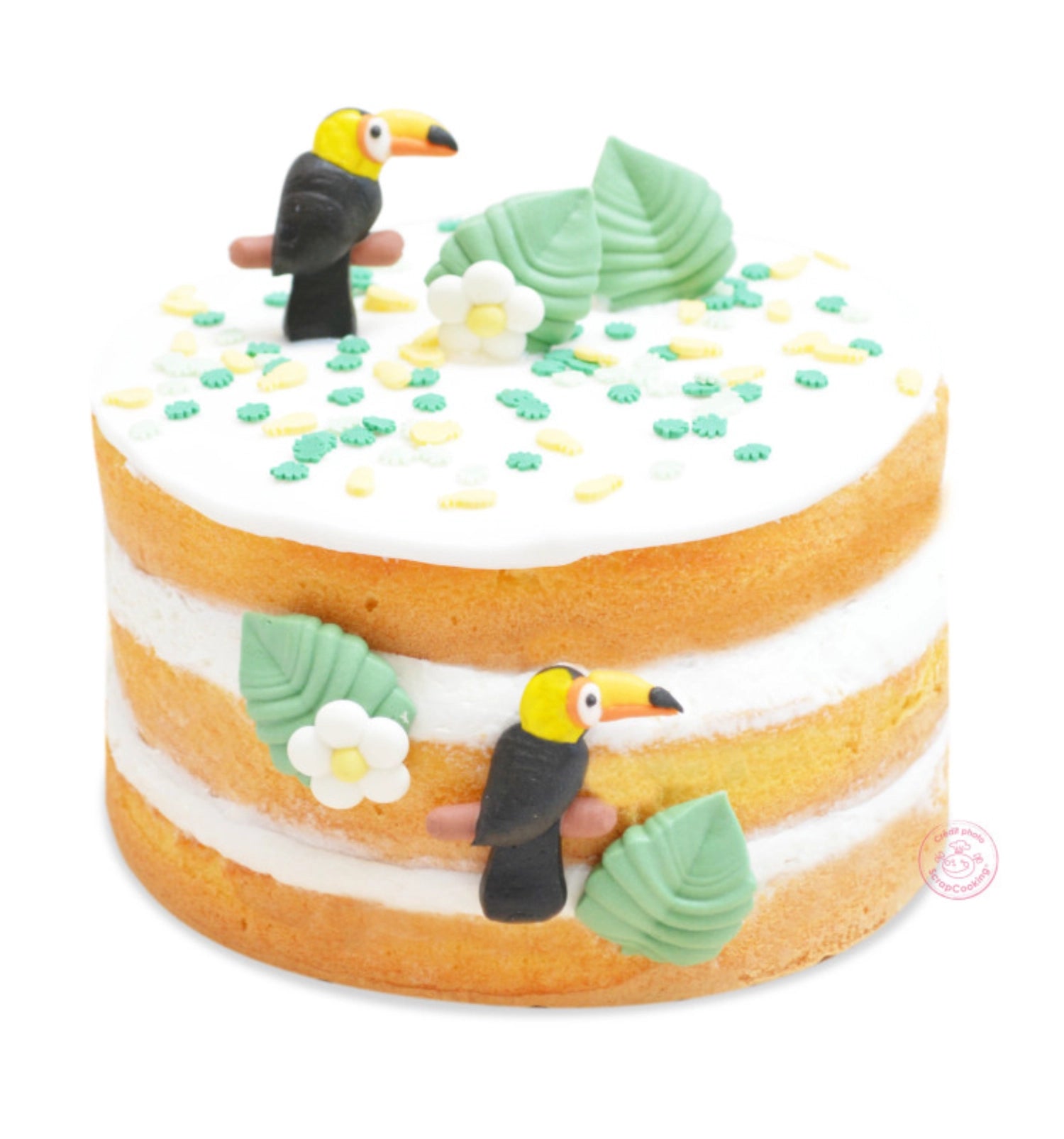 Sechs farbenfrohe Zucker-Dekorationen im tropischen Stil, perfekt zum Verzieren von Desserts und für festliche Anlässe.