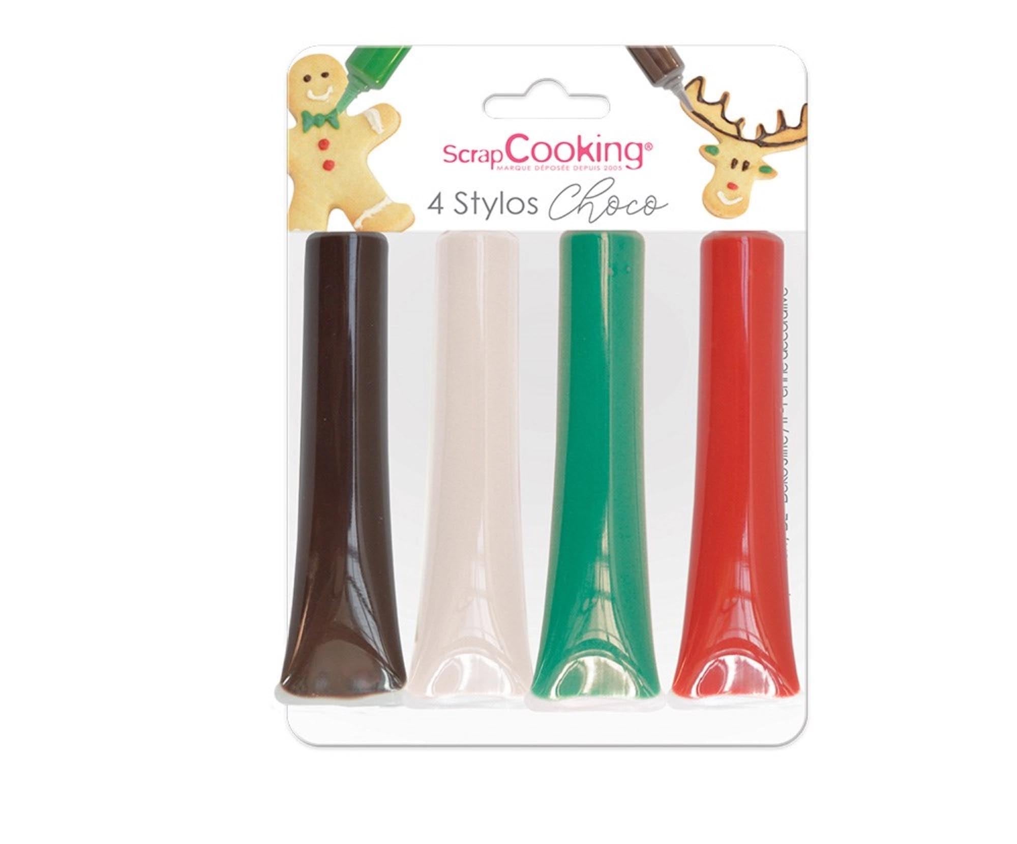 Entdecken Sie das 4er Set Schokostift von Scrap Cooking in Rot, Weiß, Grün und Schoko. Ideal zum Dekorieren von Kuchen und Cupcakes!