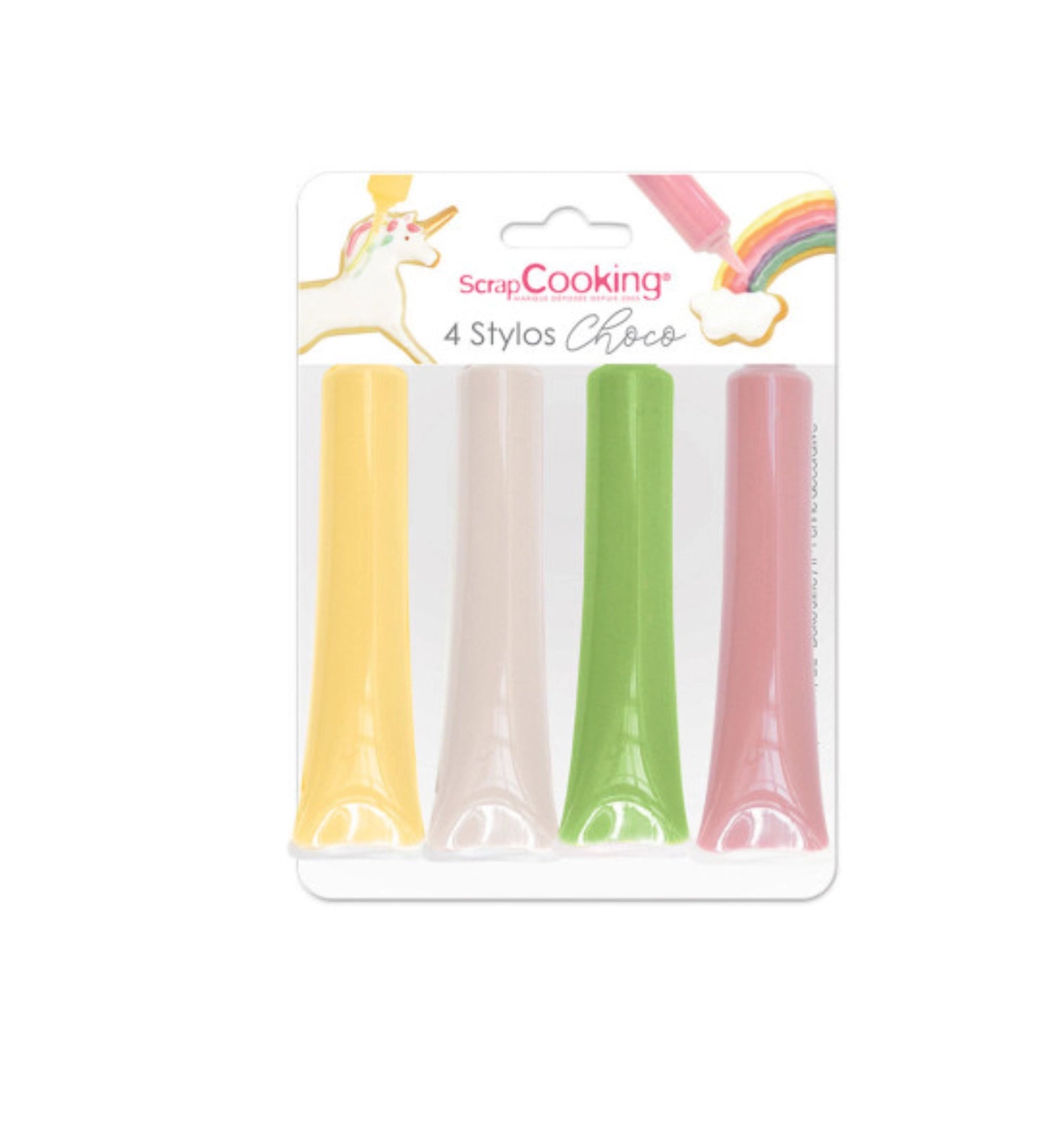 Vielseitige Schokostifte in Rosa, Grün, Gelb und Weiß von Scrap Cooking, perfekt zum Dekorieren von Backwaren und Desserts. Inhalt: 4x25g.