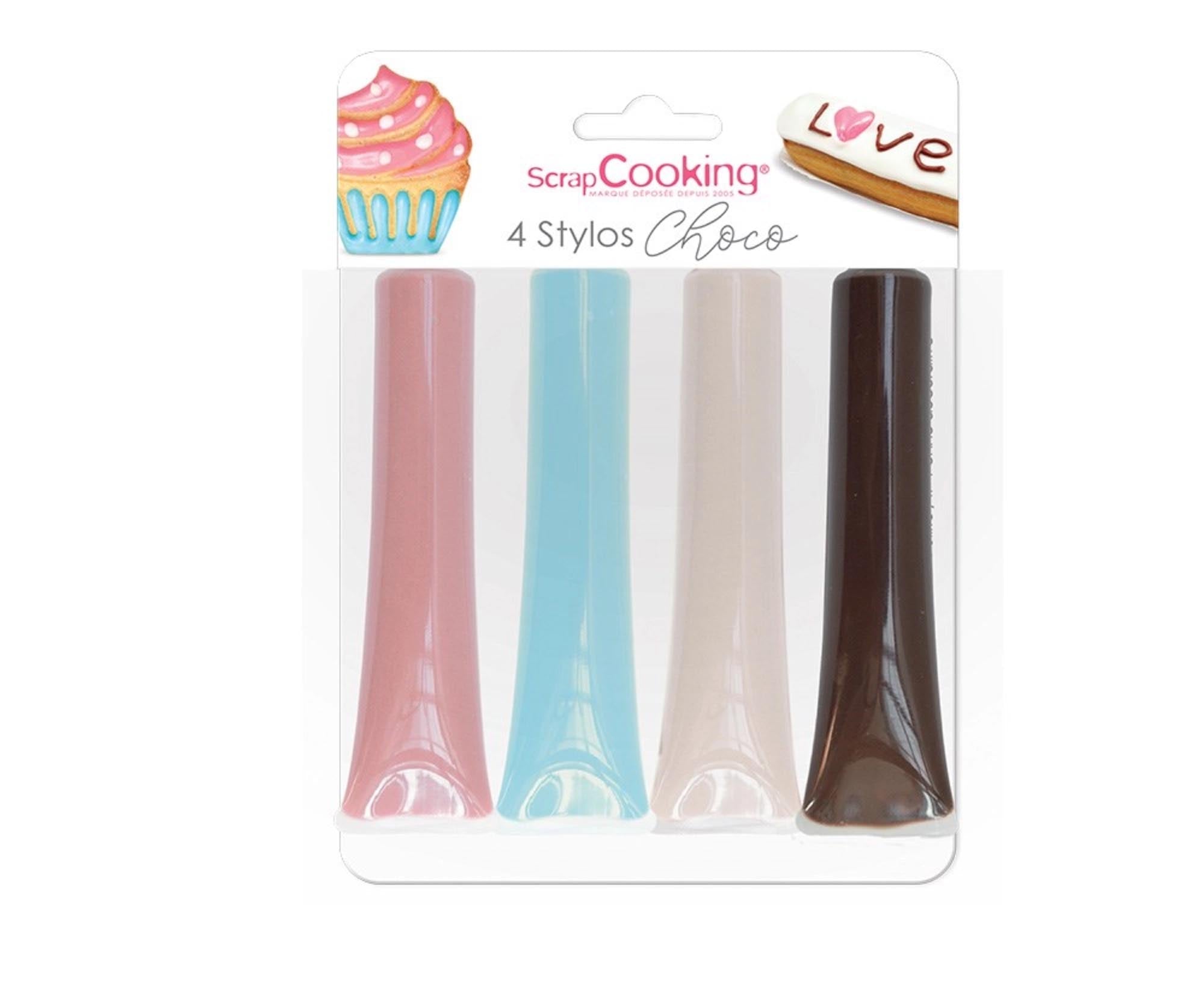 4er Set Dekostift von Scrap Cooking: Weiss, Rosa, Blau, Schoko. Perfekt für kreative Tortendeko. Essbare Paste, präzise Anwendung.