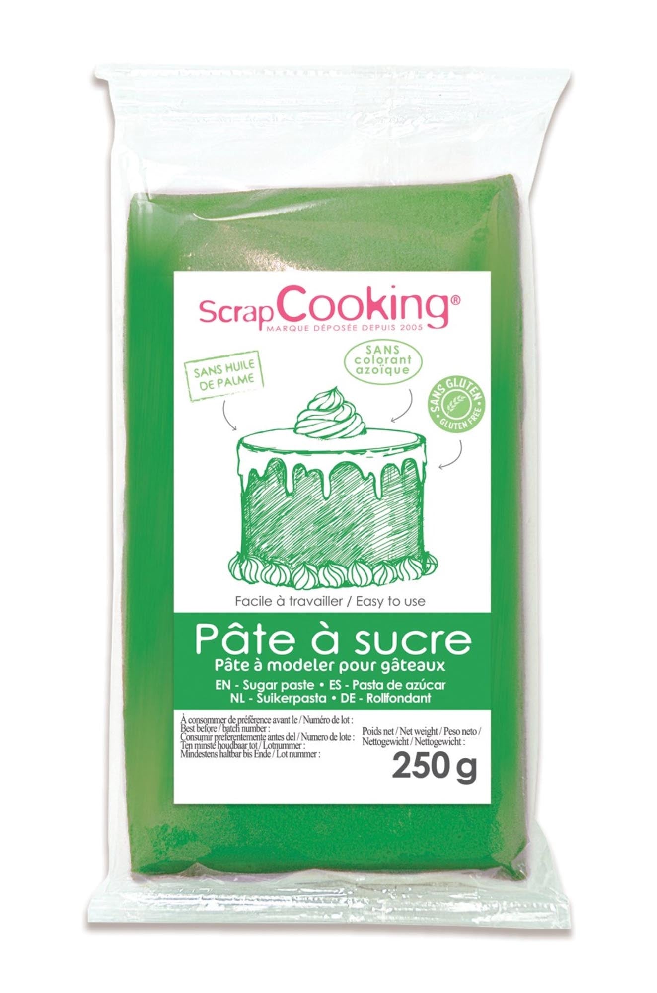 Entdecken Sie die grüne Zuckerpaste von ScrapCooking (250g) für perfekte Kuchendekoration. Ideal zum Abdecken und Modellieren, mit zartem Vanillegeschmack.