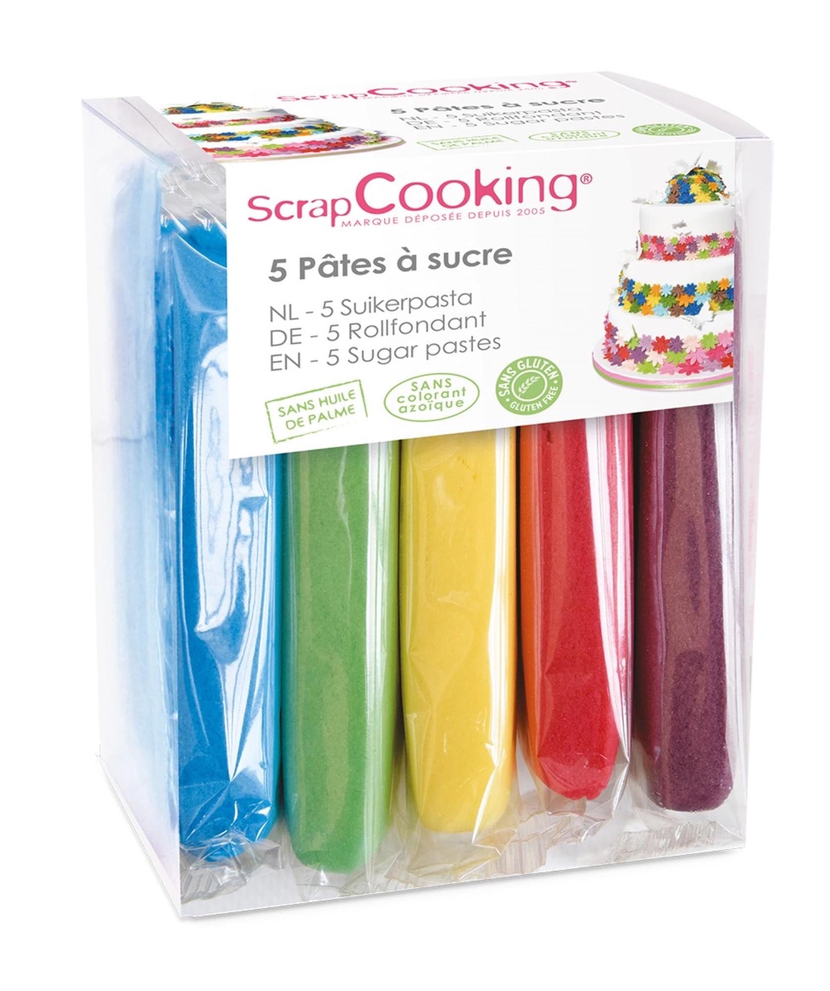 Fünf leuchtende Zuckerpasten in Fuchsia, Violett, Gelb, Grün und Blau, perfekt zum Dekorieren von Torten und kreativen Backprojekten.