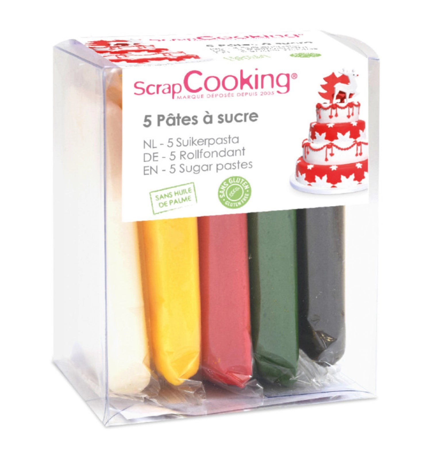 Fünf lebendige Zuckerpasten in verschiedenen Farben, ideal für kreative Weihnachtsbäckerei und festliche Tortendekoration.
