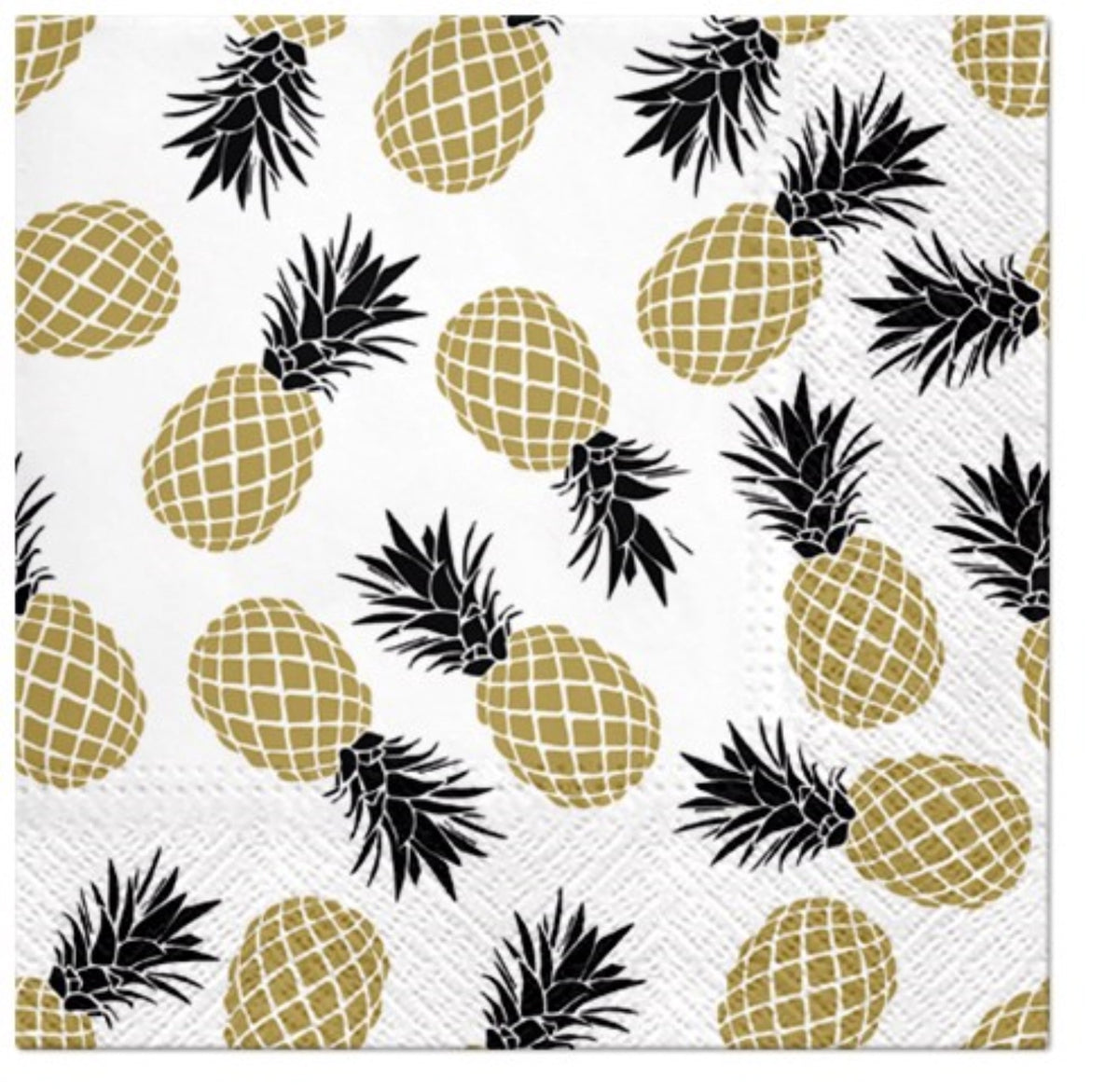 Quadratische Lunch-Serviette aus Papier in Schwarz mit goldenem Ananas-Motiv, Grösse 33x33cm, Marke PAW.