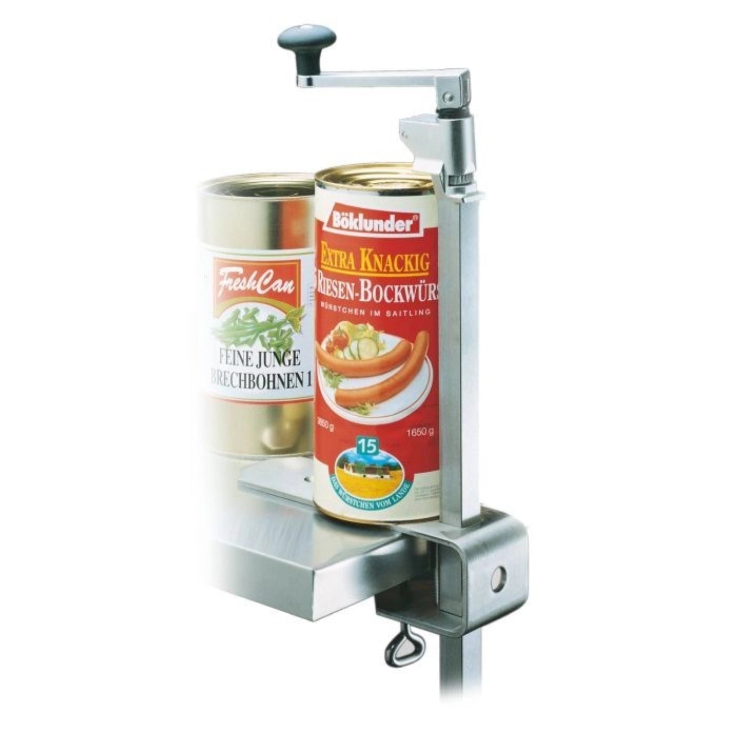 Dosenöffnermaschine Sieger Clou 40 von Westmark, aus robustem Druckguss, vereinfacht das Öffnen von Dosen mit ergonomischem Design und eleganter vernickelter Oberfläche.