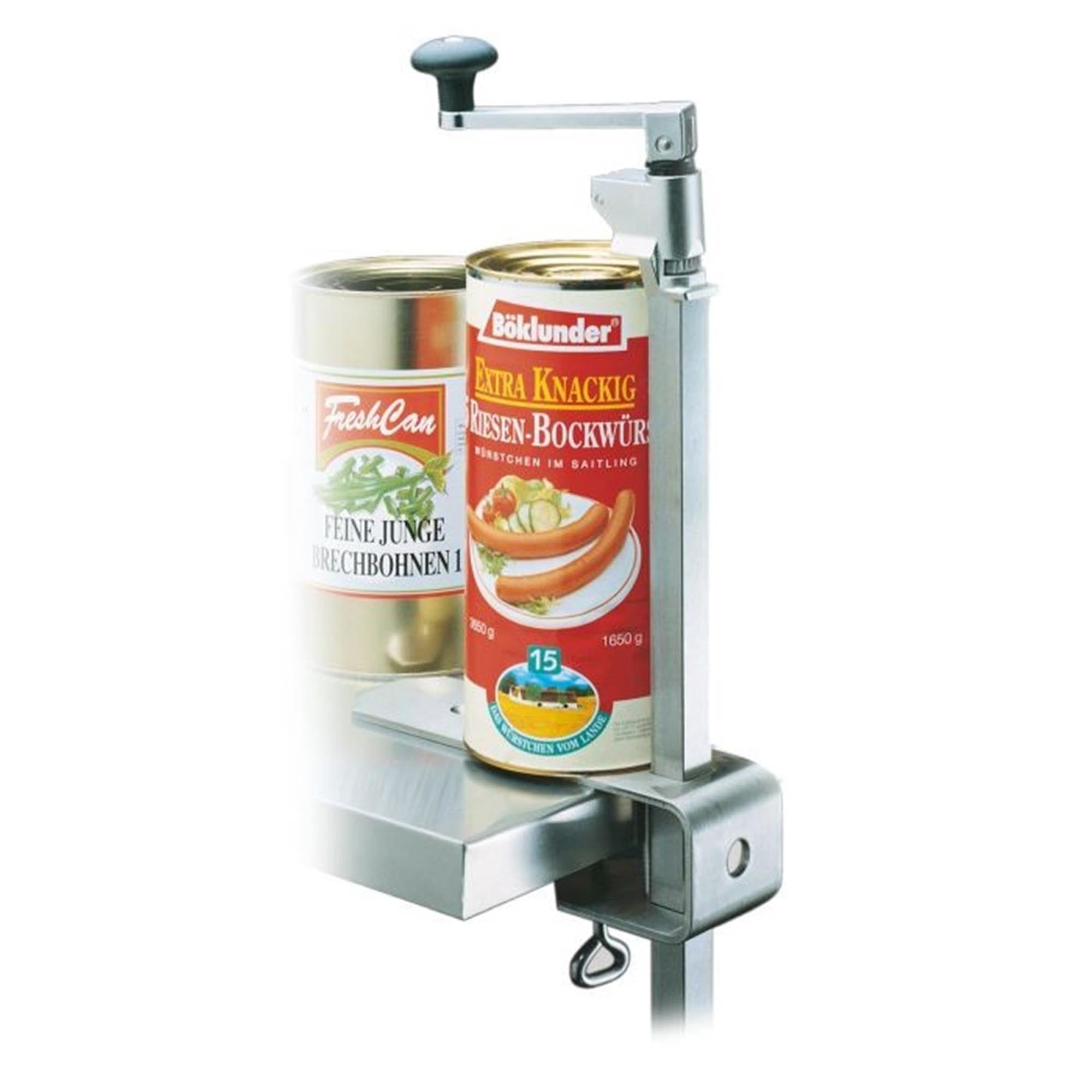 Dosenöffnermaschine Sieger Clou 40 von Westmark, aus vernickeltem Druckguss, ergonomisch gestaltet für müheloses Öffnen von Dosen.
