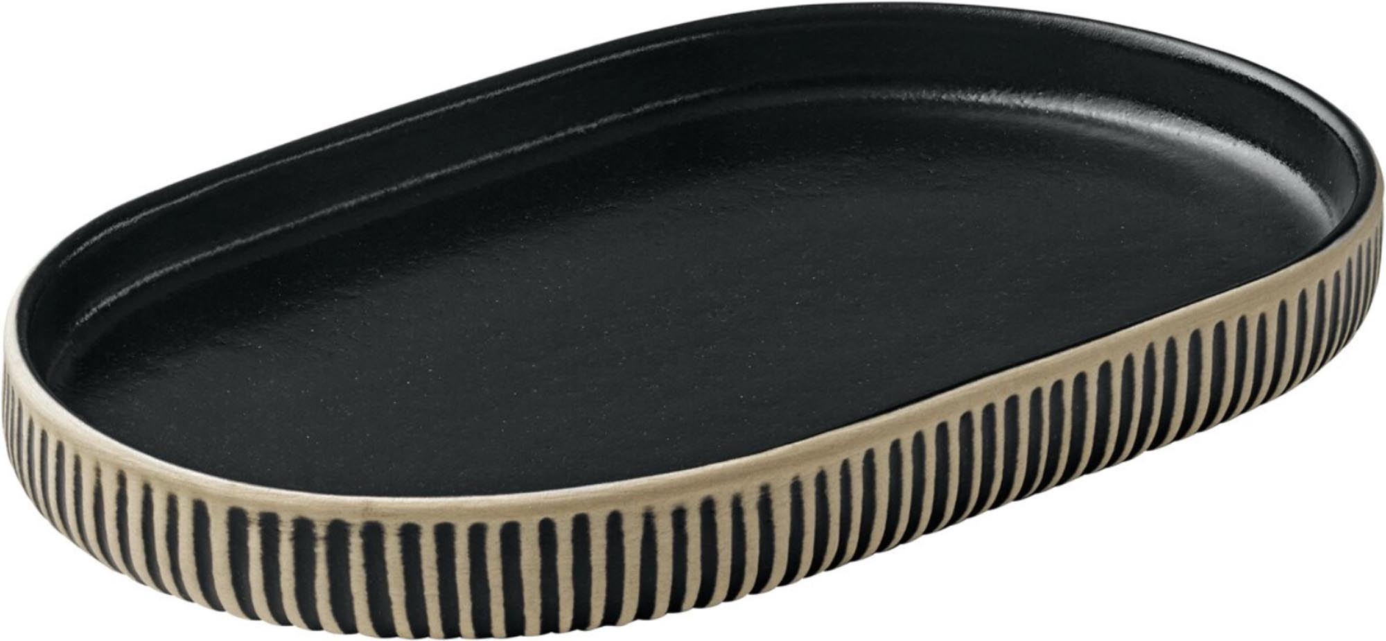 Elegante, ovale Nara Platte (18x11cm) in schwarz-weissem Reliefdesign aus robustem Steinzeug, ideal für stilvolle Speisepräsentation.