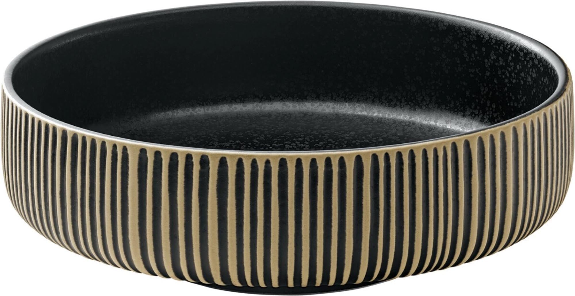 Elegante schwarz-weisse Steinzeugschüssel (16cm, 0,71l) mit Reliefmuster, ideal für Salate, Snacks, spülmaschinenfest.