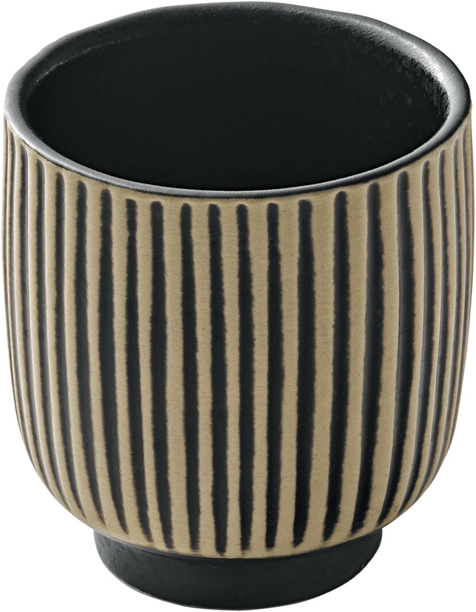 Elegante 0.1l Obertasse in Schwarz-Weiss mit Reliefmuster, ideal für Kaffee/Tee. Robust, spülmaschinenfest, mikrowellengeeignet.