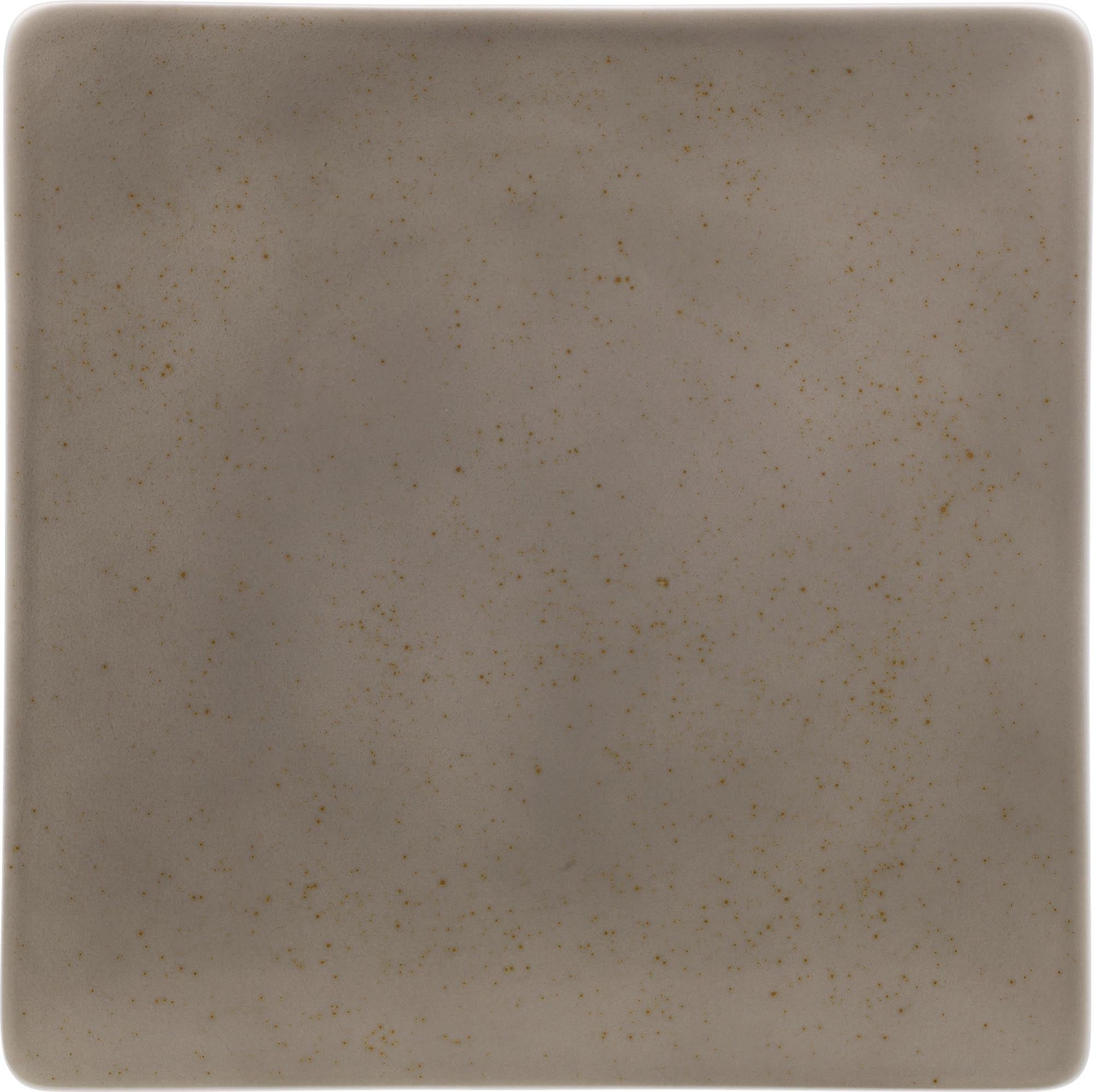 Eleganter, quadratischer Coupe-Teller aus hochwertigem Porzellan in modernem Lichtgrau, ideal für stilvolle Tischdekoration.