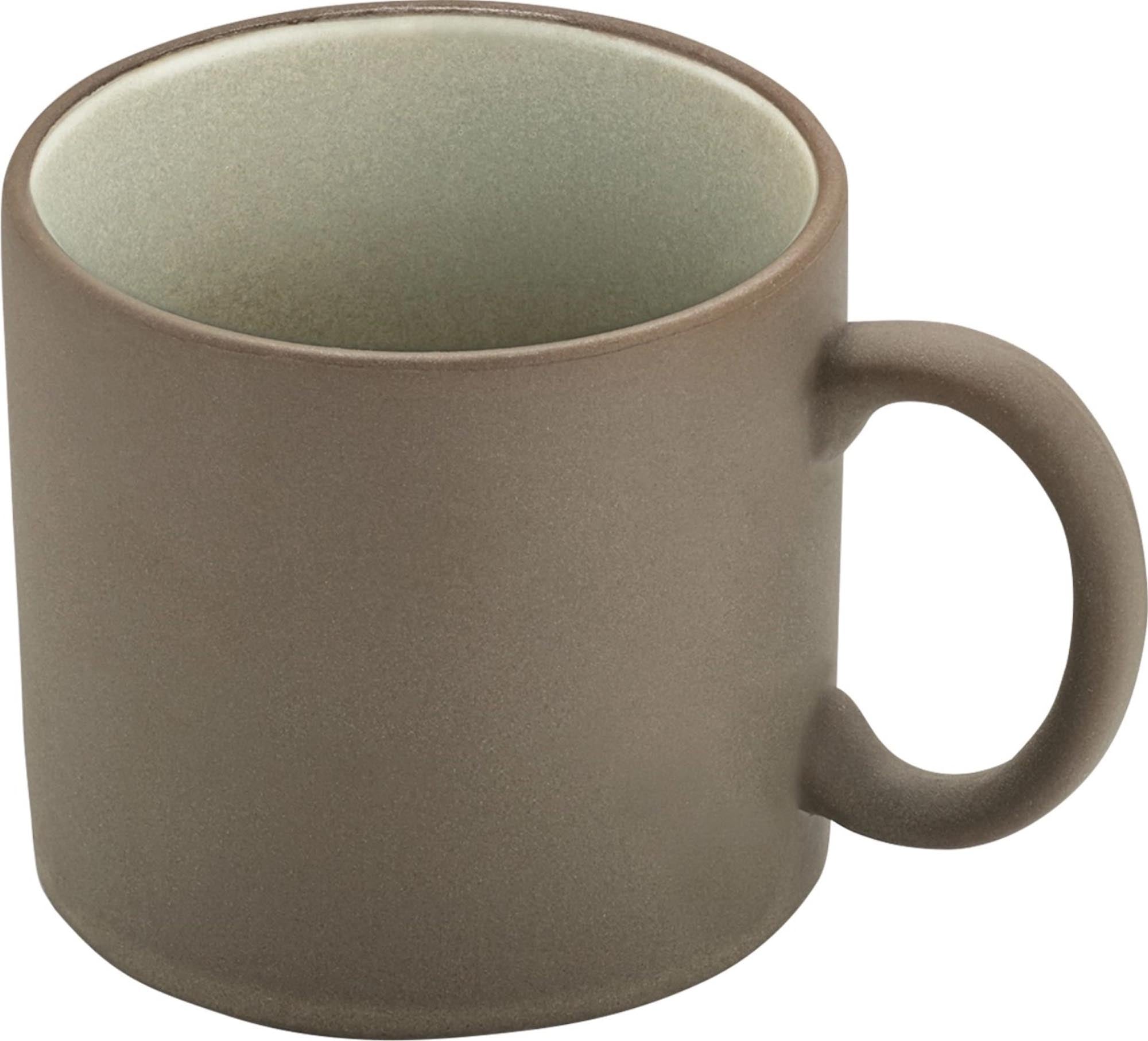 Elegante 0.2l Tasse aus Steinzeug in Beige-Grau mit Henkel, spülmaschinenfest, mikrowellengeeignet, ideal für Kaffee & Tee.