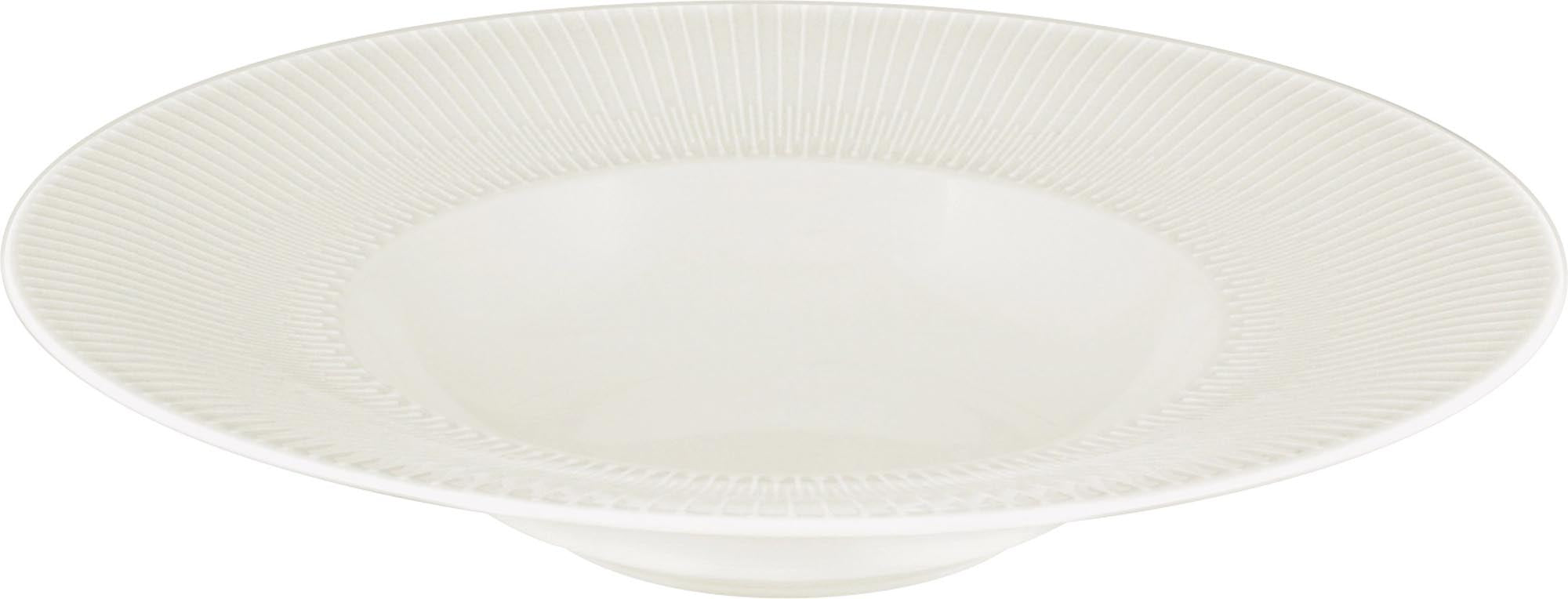 Eleganter, tiefer Porzellanteller mit Relief-Design, ideal für Suppen und Salate. Spülmaschinenfest und bruchfest.