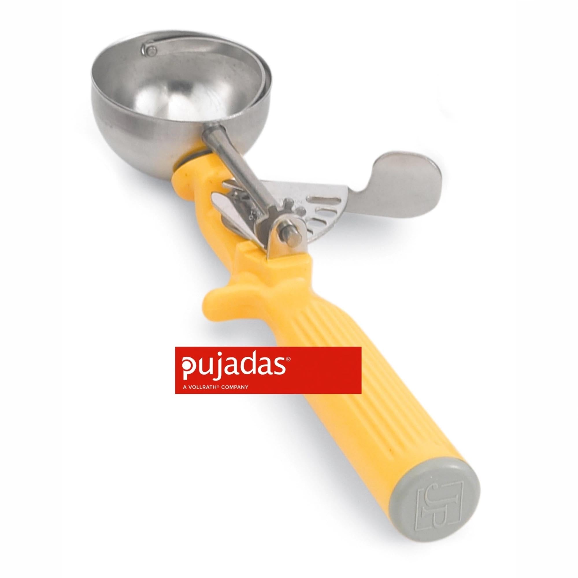 Vollrath Portionierer 2cm: Gelber Griff, präzise Portionierung, hochwertiges Küchenwerkzeug für perfekte Speisen.