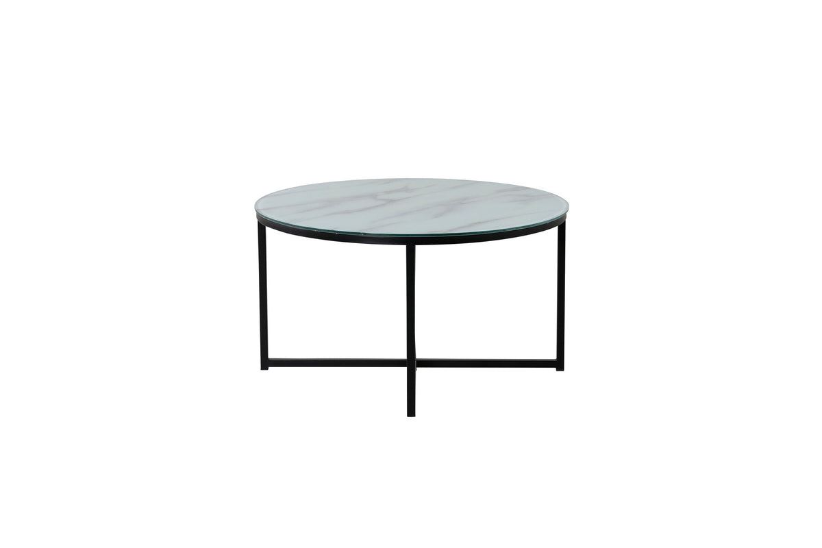 Runder Sofatisch Rock von Venture Home in Weiss, Tischplatte aus Glas mit Durchmesser 80 cm, Gestell aus schwarzem Stahl, freigestellt fotografiert.