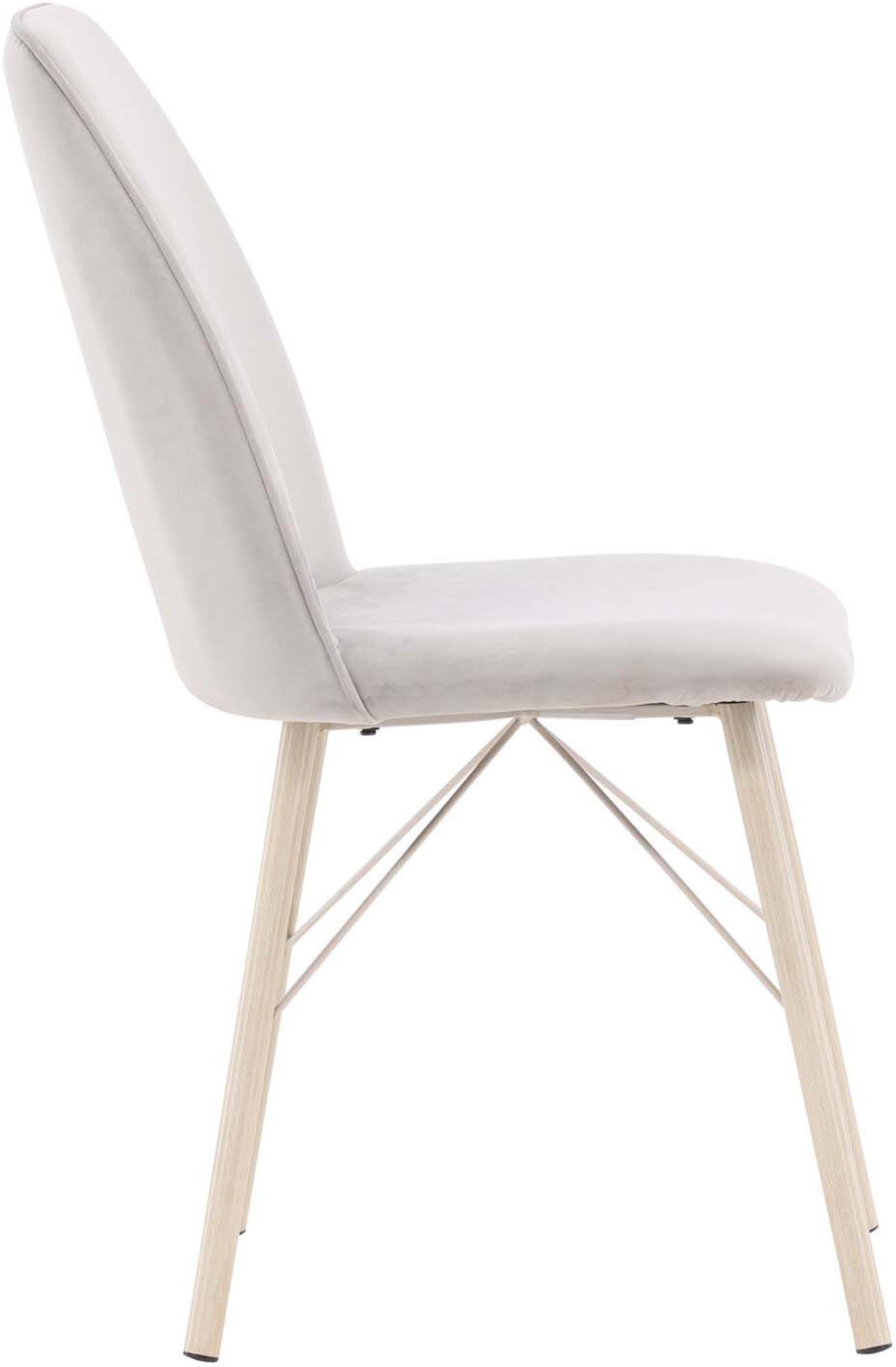 Eleganter Everyday Stuhl von Venture Home: hellgrauer Samt, weisse Holzbeine, robust, stilvoll, ideal für Esszimmer.