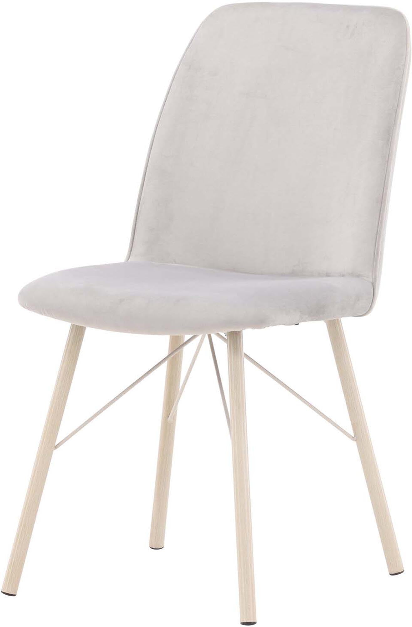 Eleganter Everyday Stuhl von Venture Home: hellgrauer Samt, weisse Holzbeine, robust, stilvoll, ideal für Esszimmer.