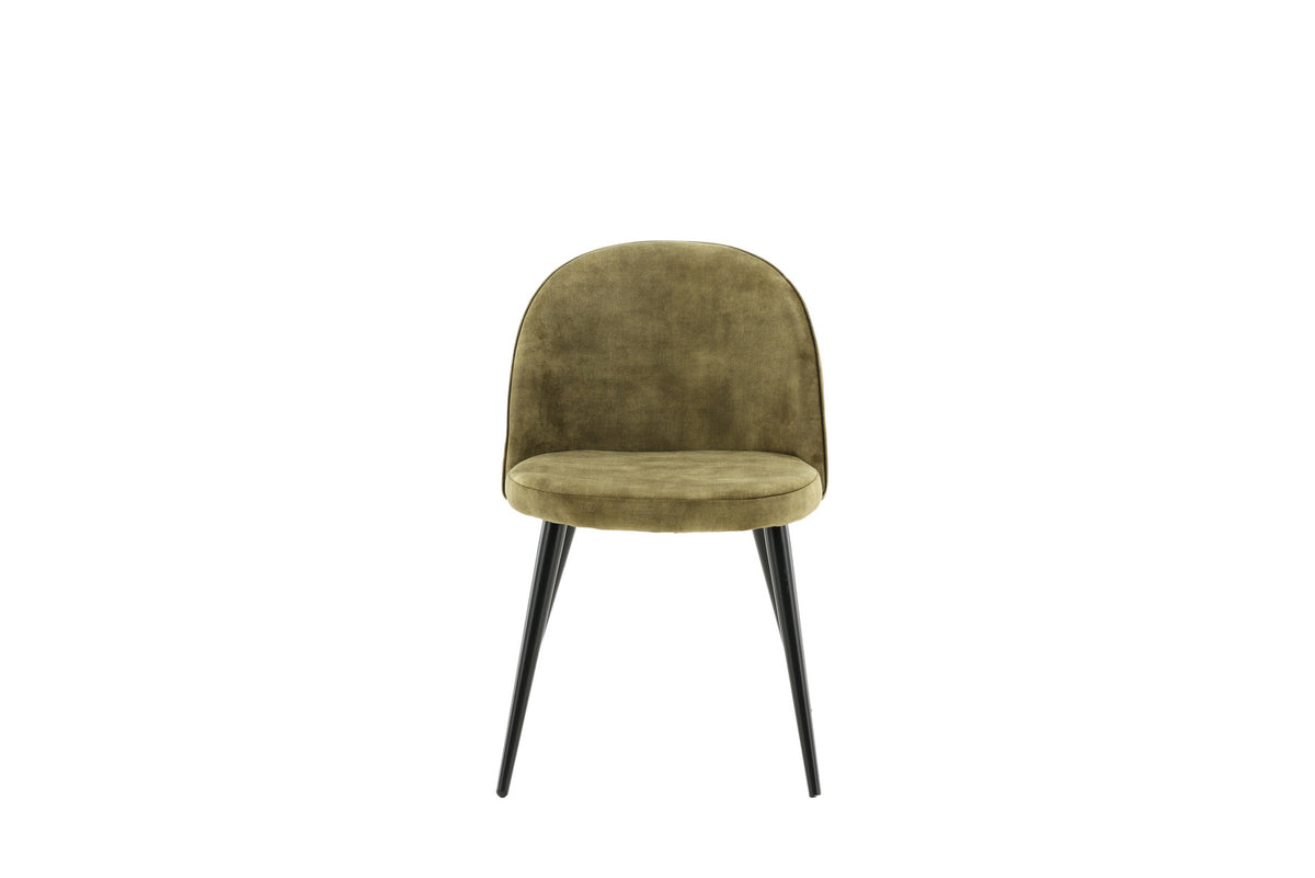 Velvet Stuhl von Venture Home mit blauem Polyesterbezug, weiss pulverbeschichtetem Stahlgestell und gepolsterter Sitzfläche aus Formsperrholz und Schaumstoff.