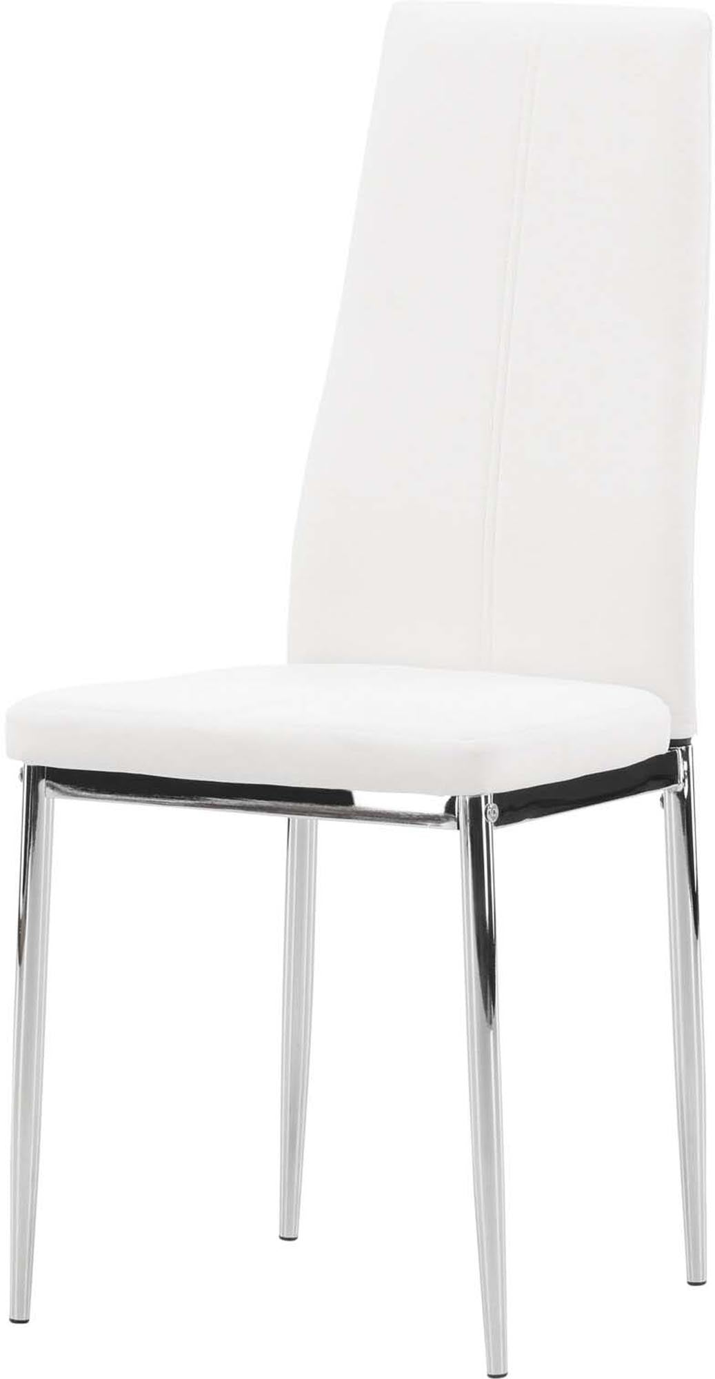 Eleganter Pastill Stuhl: Weisses Kunstleder, hoher Komfort, stabile Metallbeine. Perfekt für modernes Esszimmer.