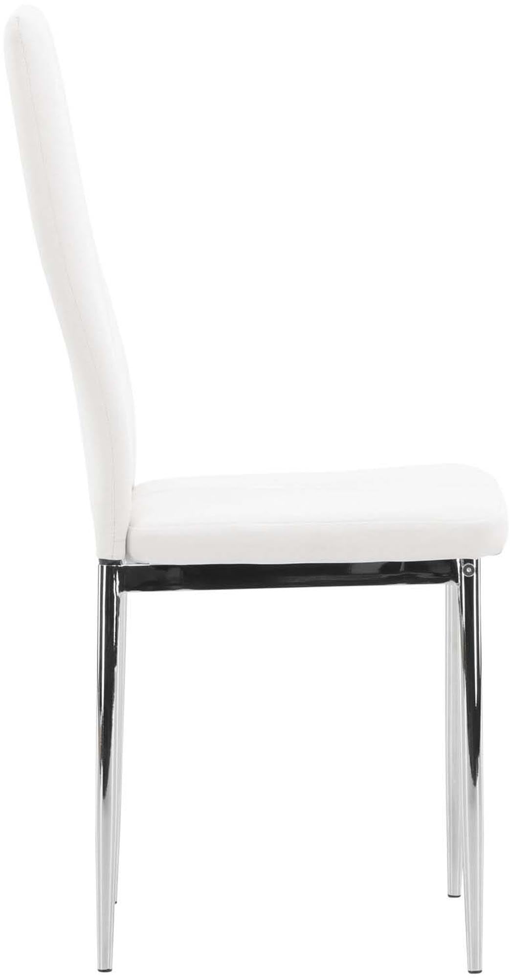 Eleganter Pastill Stuhl: Weisses Kunstleder, hoher Komfort, stabile Metallbeine. Perfekt für modernes Esszimmer.