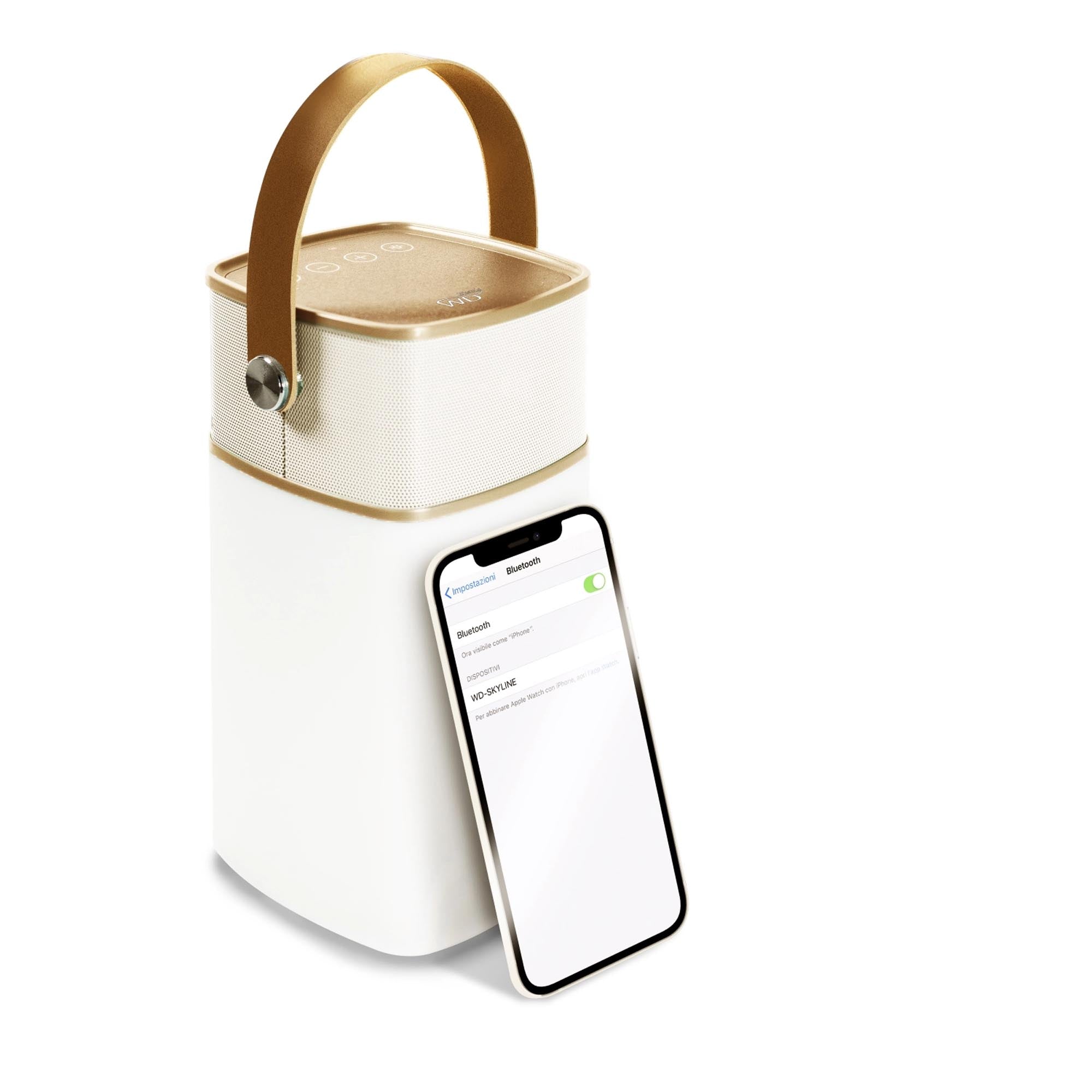 Eleganter Bluetooth-Lautsprecher mit LED, gold, 10.3x9.5x19 cm.