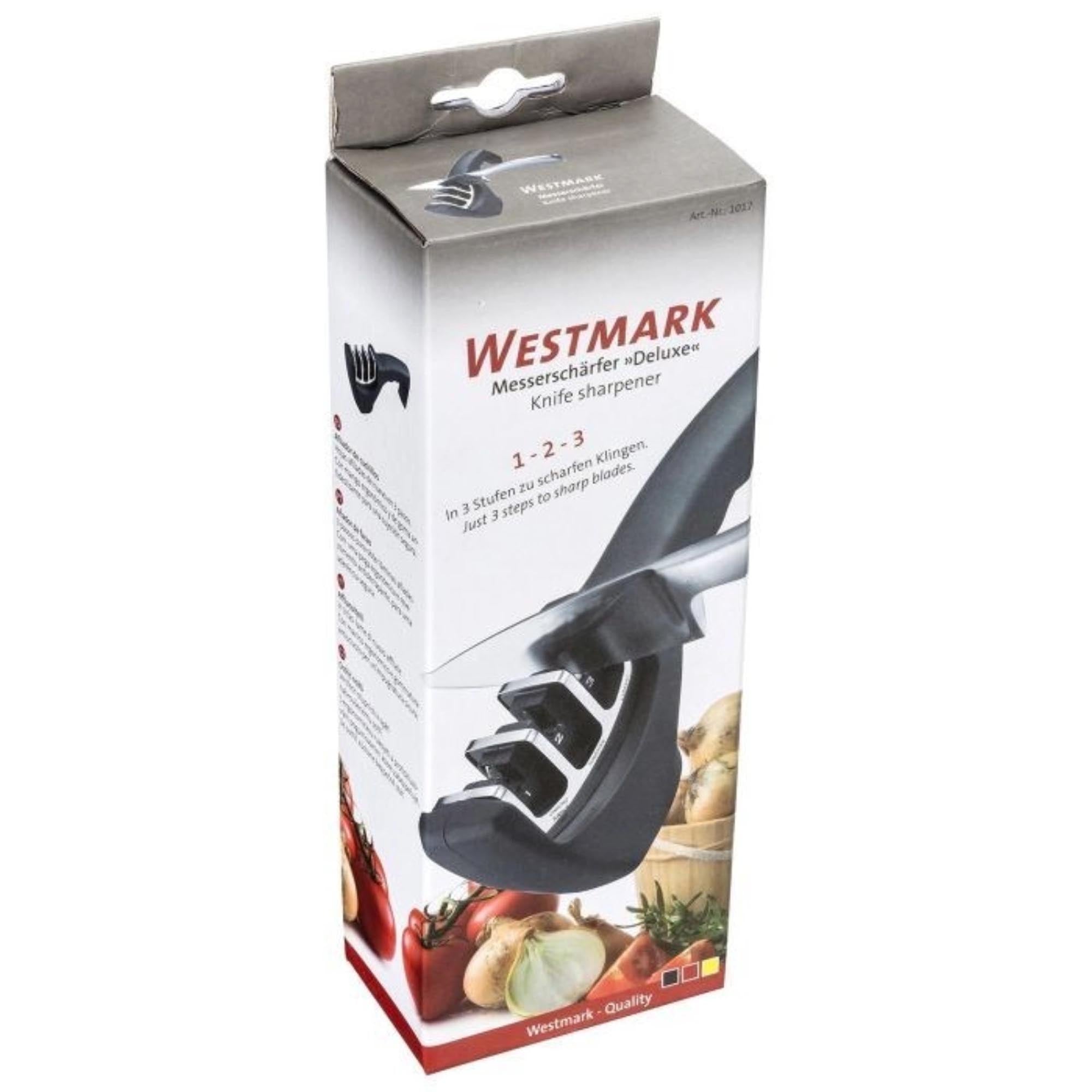 Praktischer Messerschärfer Deluxe von Westmark für schnelles und sicheres Schärfen Ihrer Messer mit optimalen Ergebnissen.