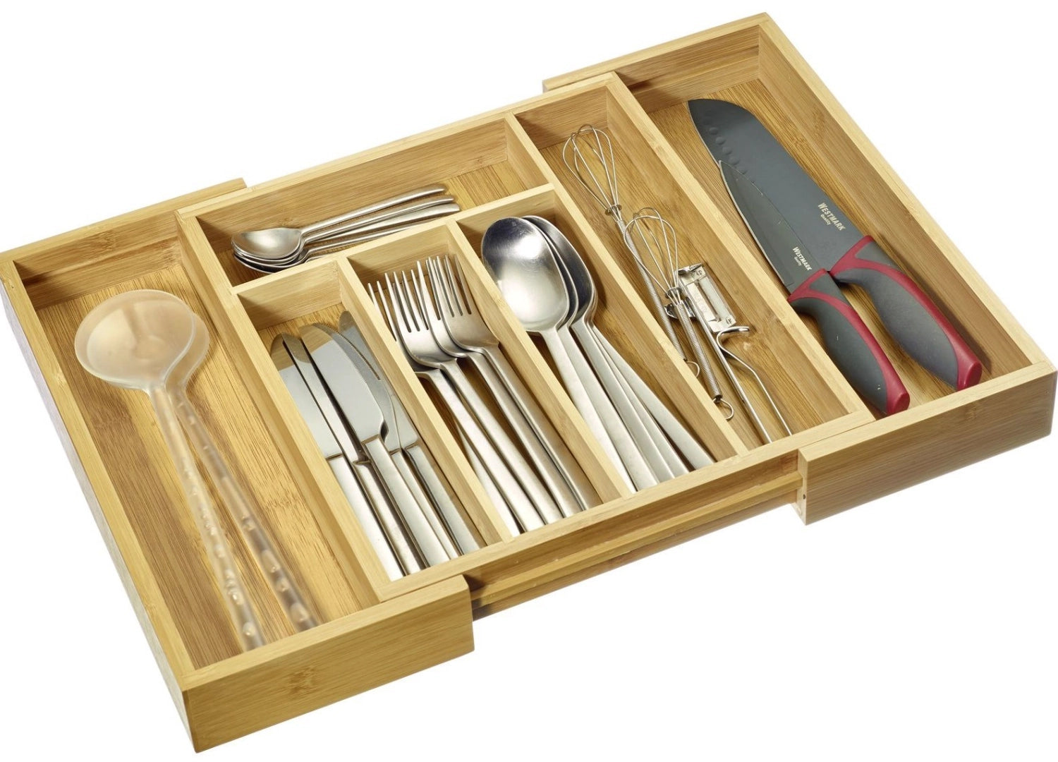 Eleganter Besteckeinsatz aus hochwertigem Bambus, perfekt für die ordentliche Aufbewahrung und Organisation von Besteck in Schubladen.