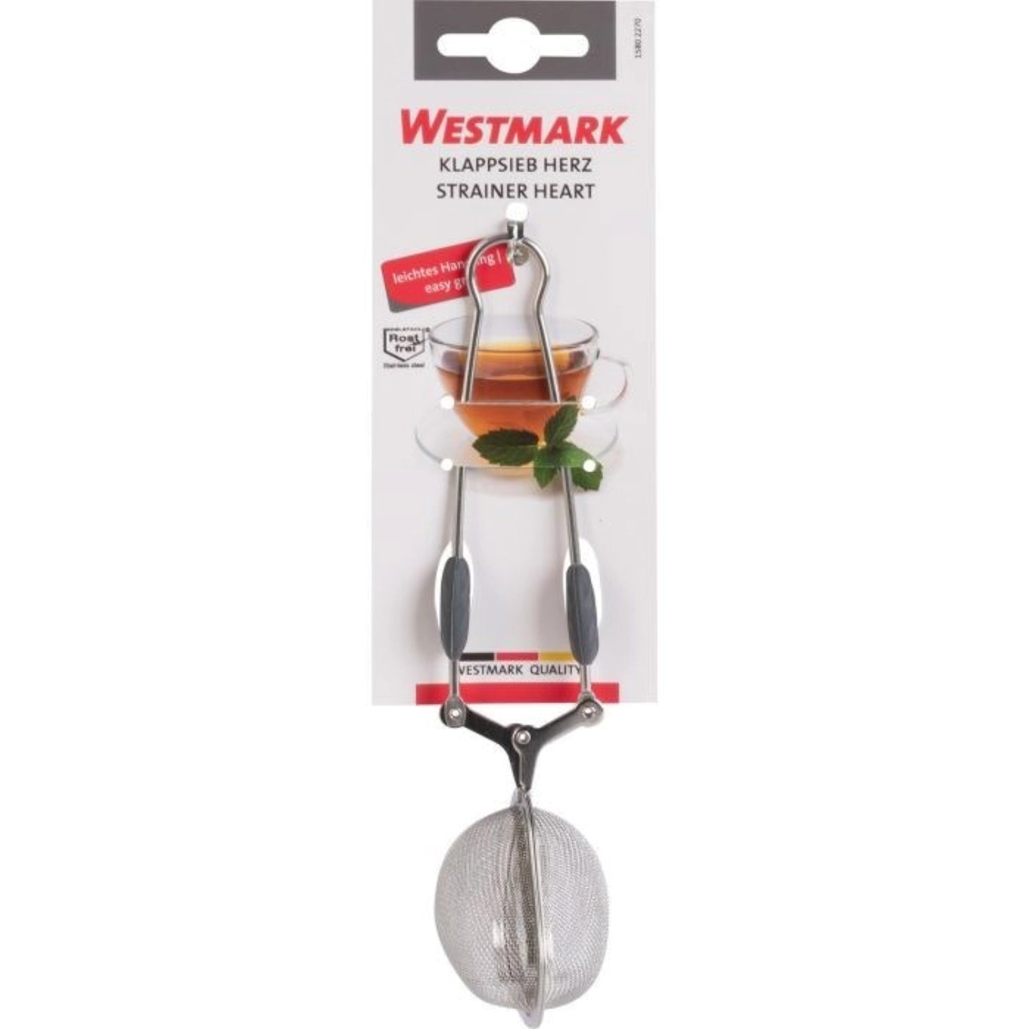 Herzförmiges Klappsieb mit ergonomischen Silikongriffen, ideal zum Abseihen von Lebensmitteln und ein schöner Blickfang in jeder Küche.