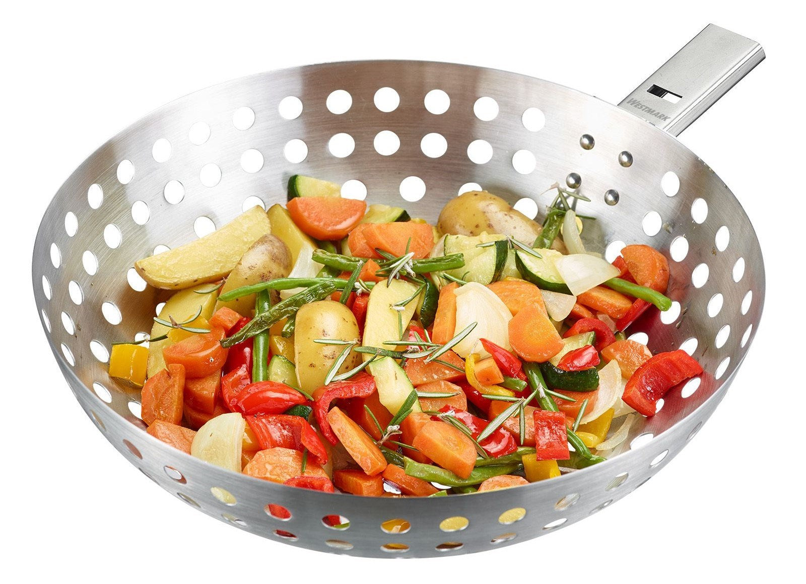 Robuster Edelstahl-Grillwok von Westmark, perfekt für Gemüse und Fleisch, hitzebeständig, langlebig und vielseitig nutzbar.
