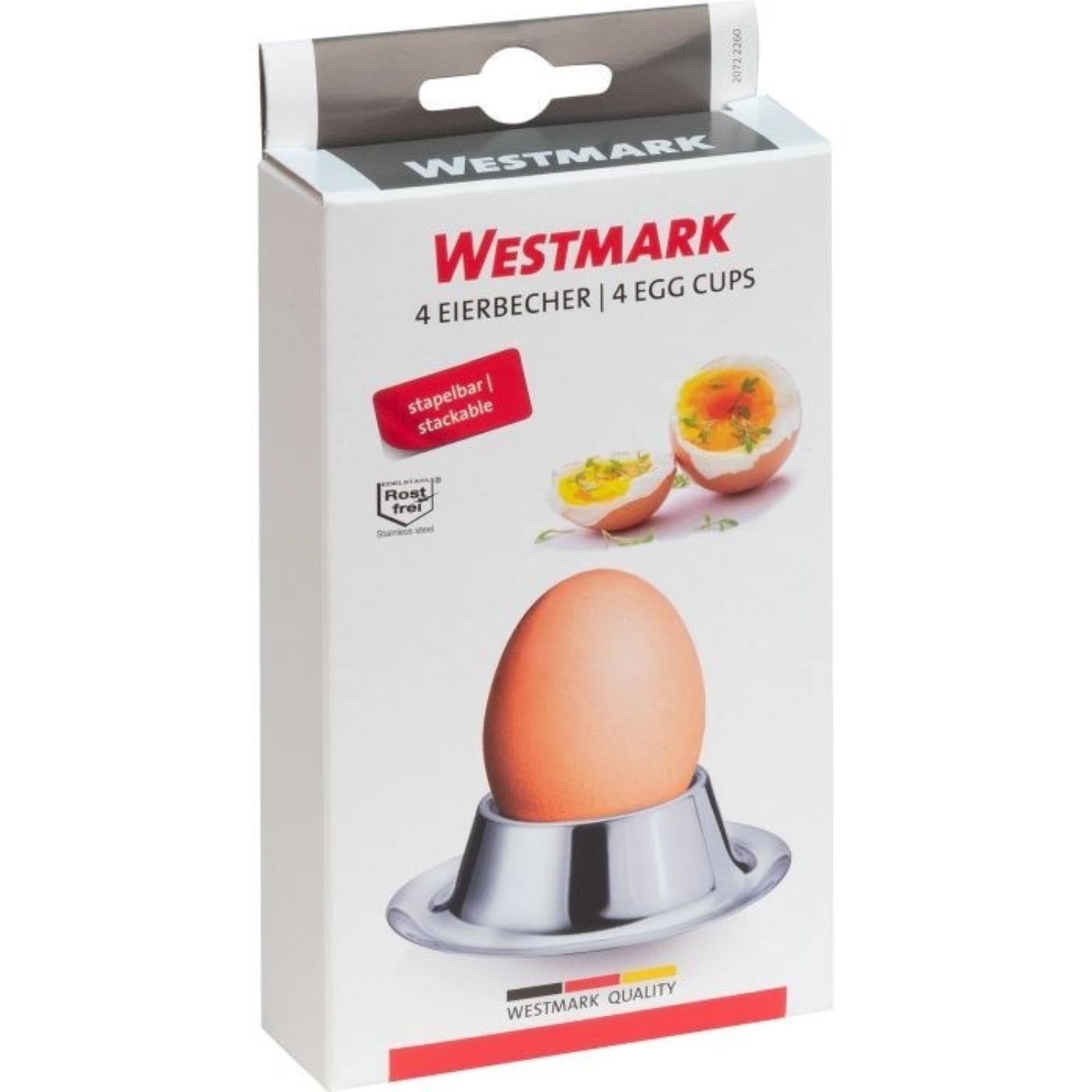 4 hochwertige Edelstahl-Eierbecher von Westmark, rundes Design, perfekt für Frühstückseier, langlebig und spülmaschinenfest.