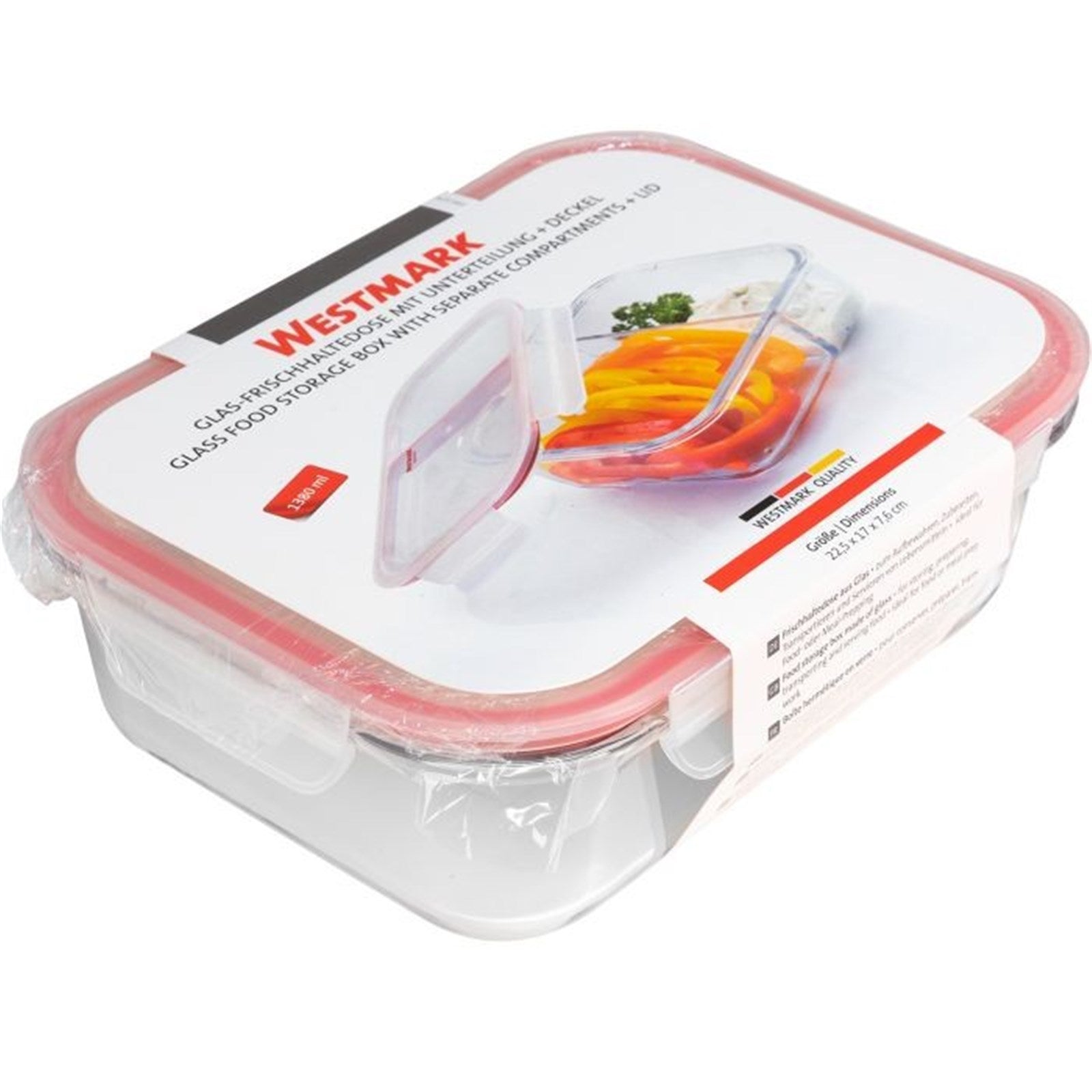 Praktische Glas-Frischhaltedose mit zwei Fächern, 1380ml, perfekt für die Aufbewahrung von Lebensmitteln, robust und vielseitig einsetzbar.