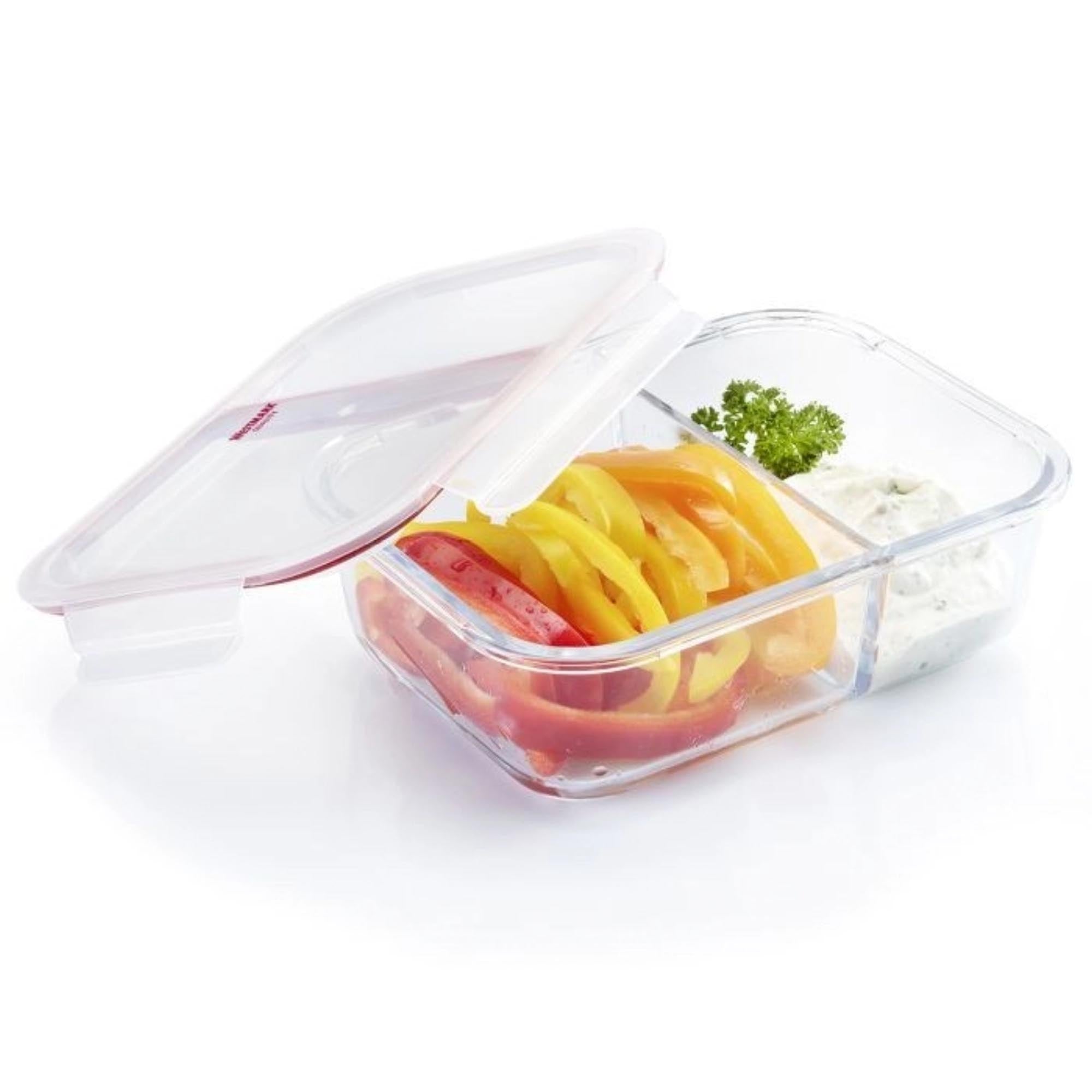 Praktische Glas-Frischhaltedose 570ml von Westmark mit zwei Fächern, ideal für die getrennte und frische Lagerung von Lebensmitteln.