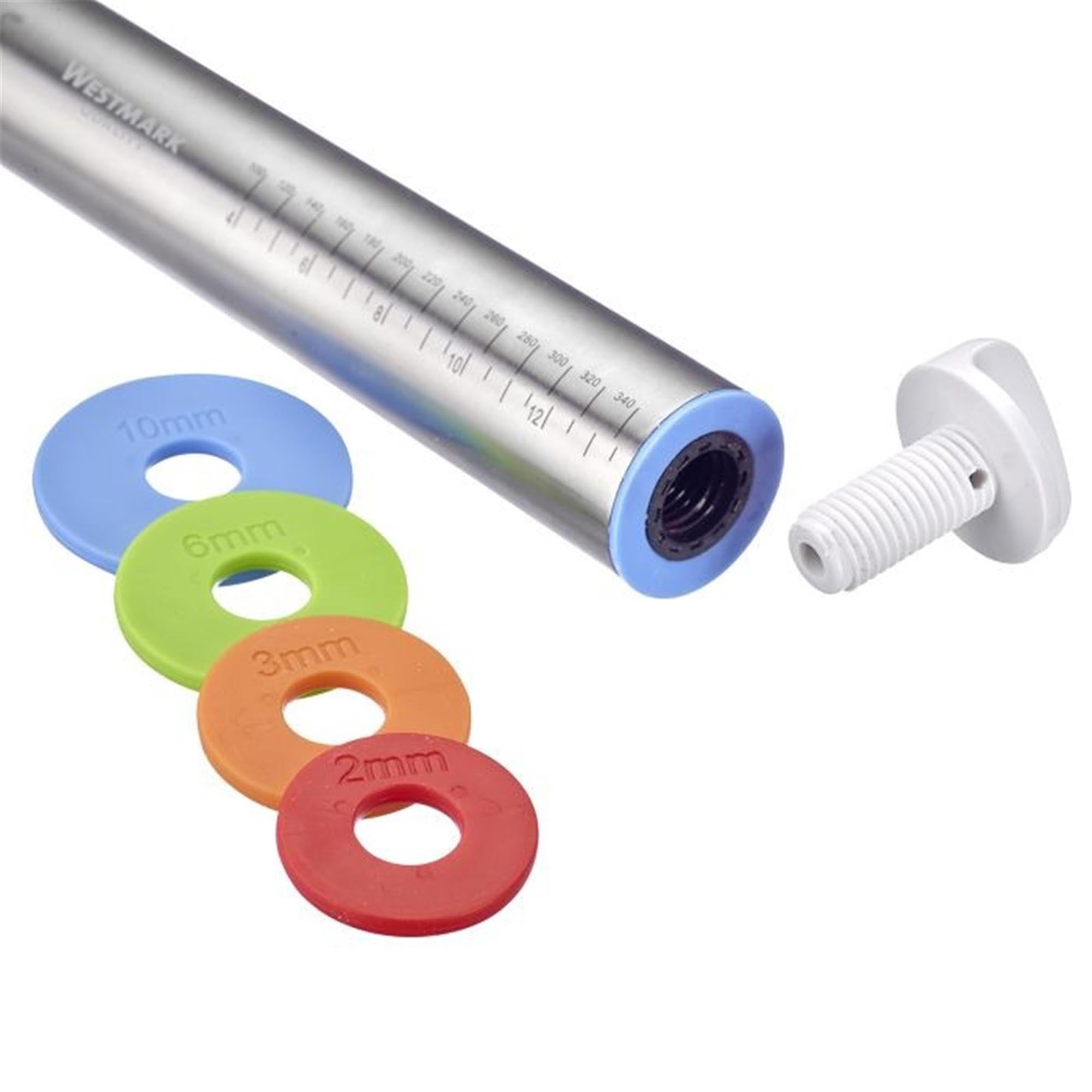Teigroller mit 4 einstellbaren Distanzringen, ideal für gleichmässiges Ausrollen von Teig, Länge 43,5 cm, von Westmark.