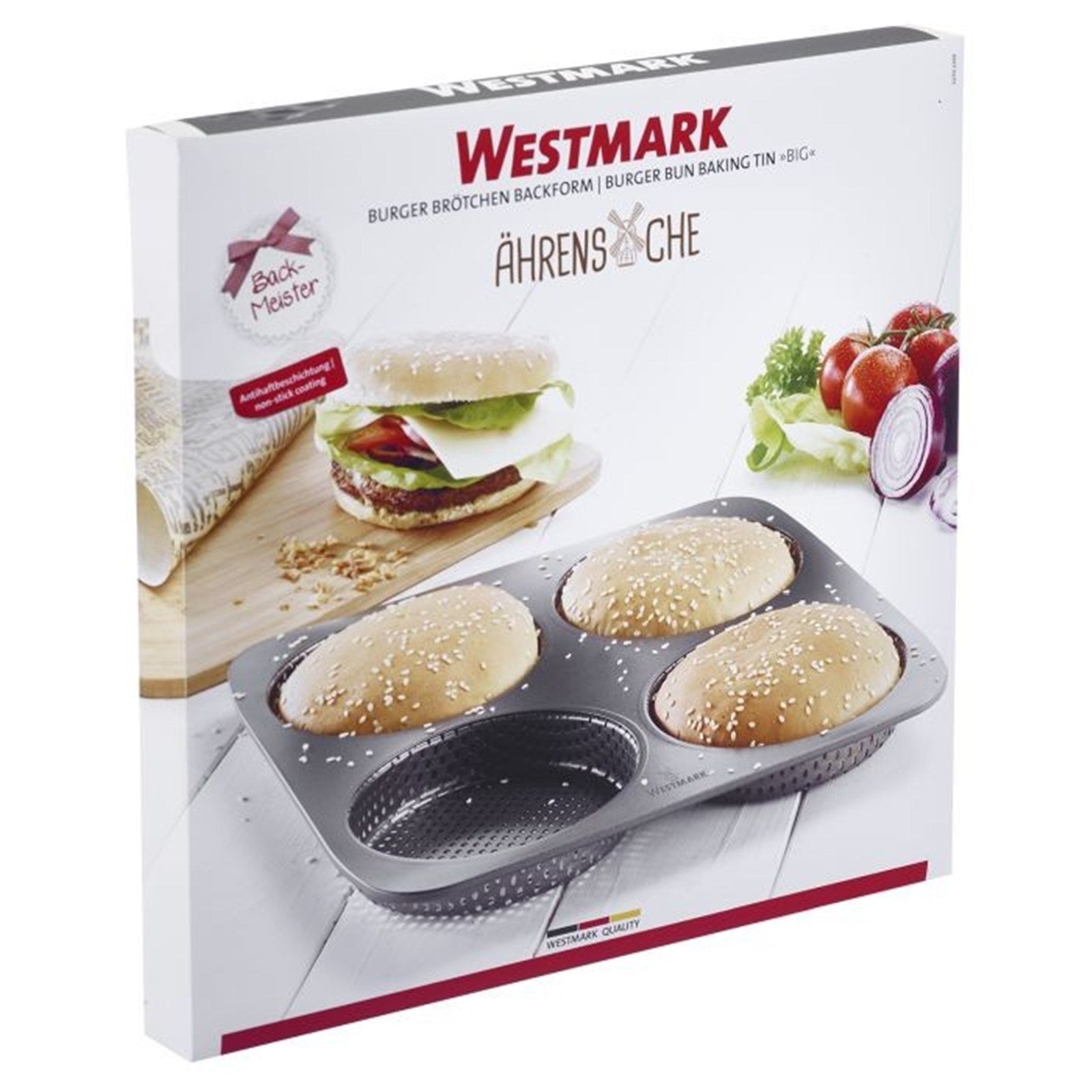 Antihaft-Burgerbrötchen-Backform, 28x28cm, für 4 Brötchen, gleichmässiges Backen, langlebig, hochwertige Qualität von Westmark.
