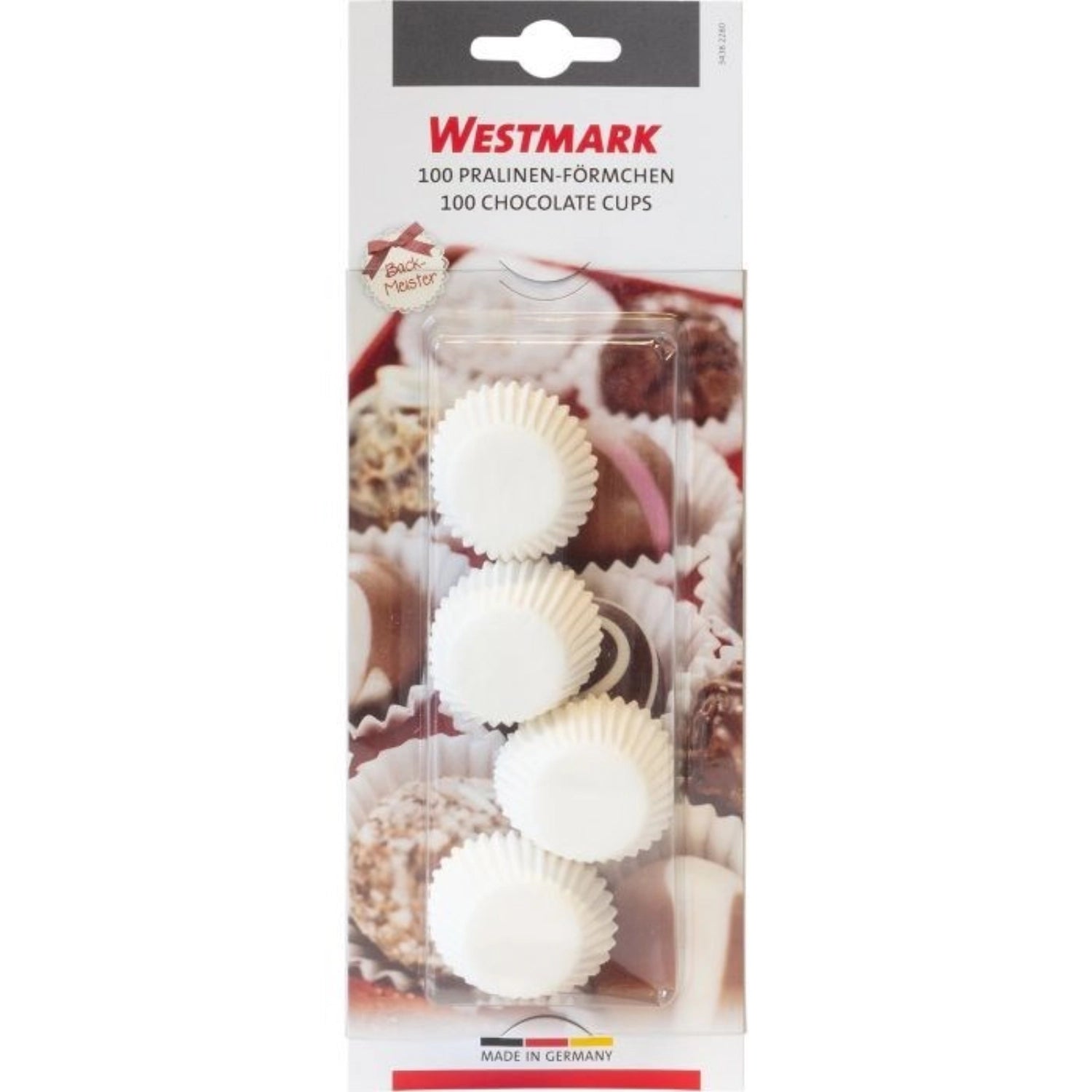 100 weiße Pralinenförmchen aus Papier von Westmark, ideal zum Backen und Präsentieren von Pralinen, Muffins und kleinen Desserts.