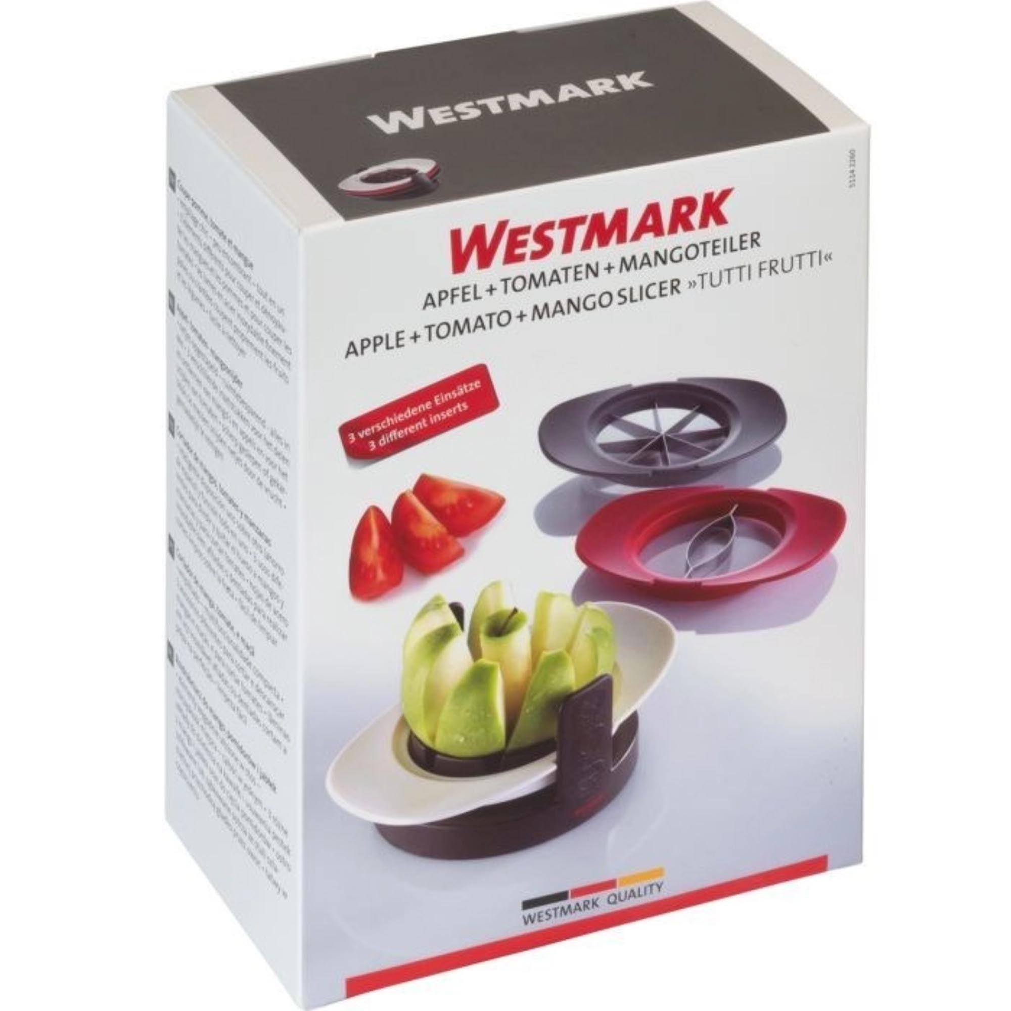 Der Westmark Tutti Frutti Teiler schneidet und entkernt Äpfel, Tomaten und Mangos effizient. Ideal für die schnelle Küchenvorbereitung.