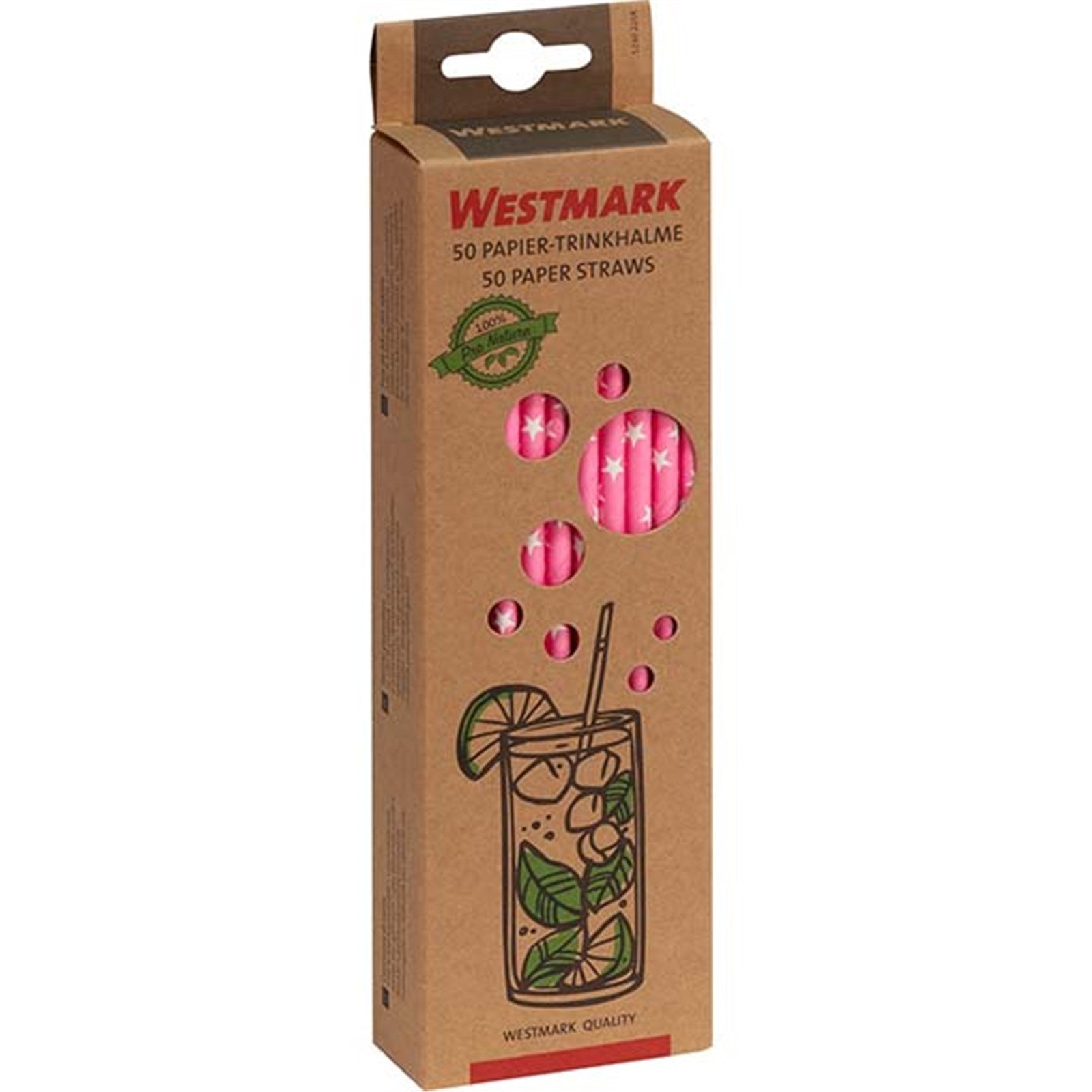 Rosa Papier-Trinkhalme mit weissen Sternen, 19,7 cm, 50 Stück, ideal für umweltfreundliche Feiern und stilvolle Dekoration.