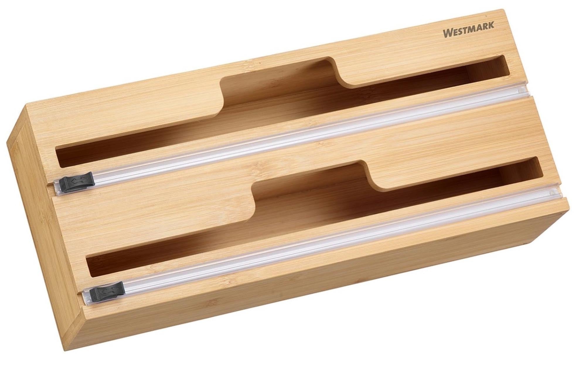 Entdecke den praktischen Folienspender mit Schneidvorrichtung von Westmark. Ideal für Frischhaltefolie, Alufolie und Backpapier. Hochwertiger Bambus, leicht zu reinigen und perfekt für jede Kücheneinrichtung.