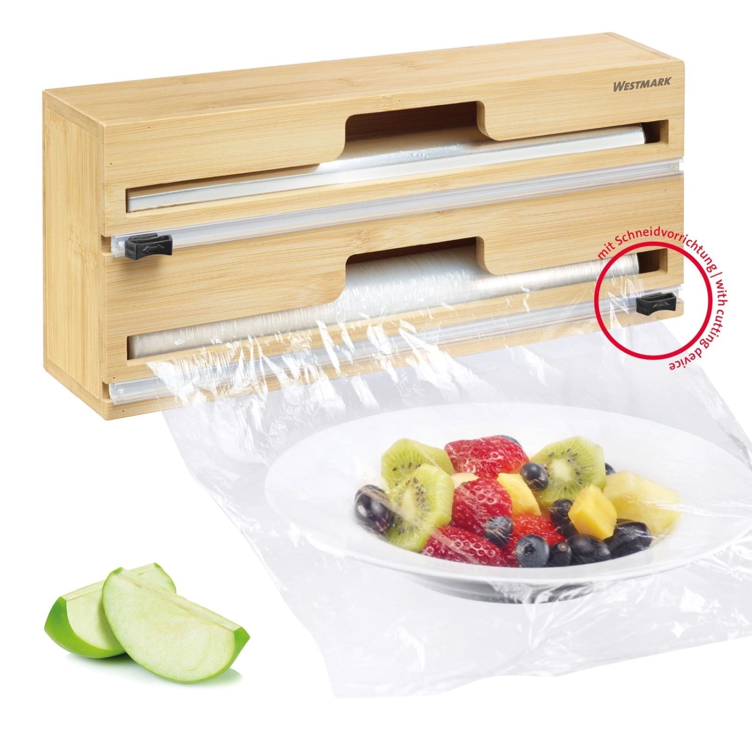 Eleganter Folienspender von Westmark mit integrierter Schneidvorrichtung, ideal für schnelles und sauberes Abreißen von Folien und Beuteln.