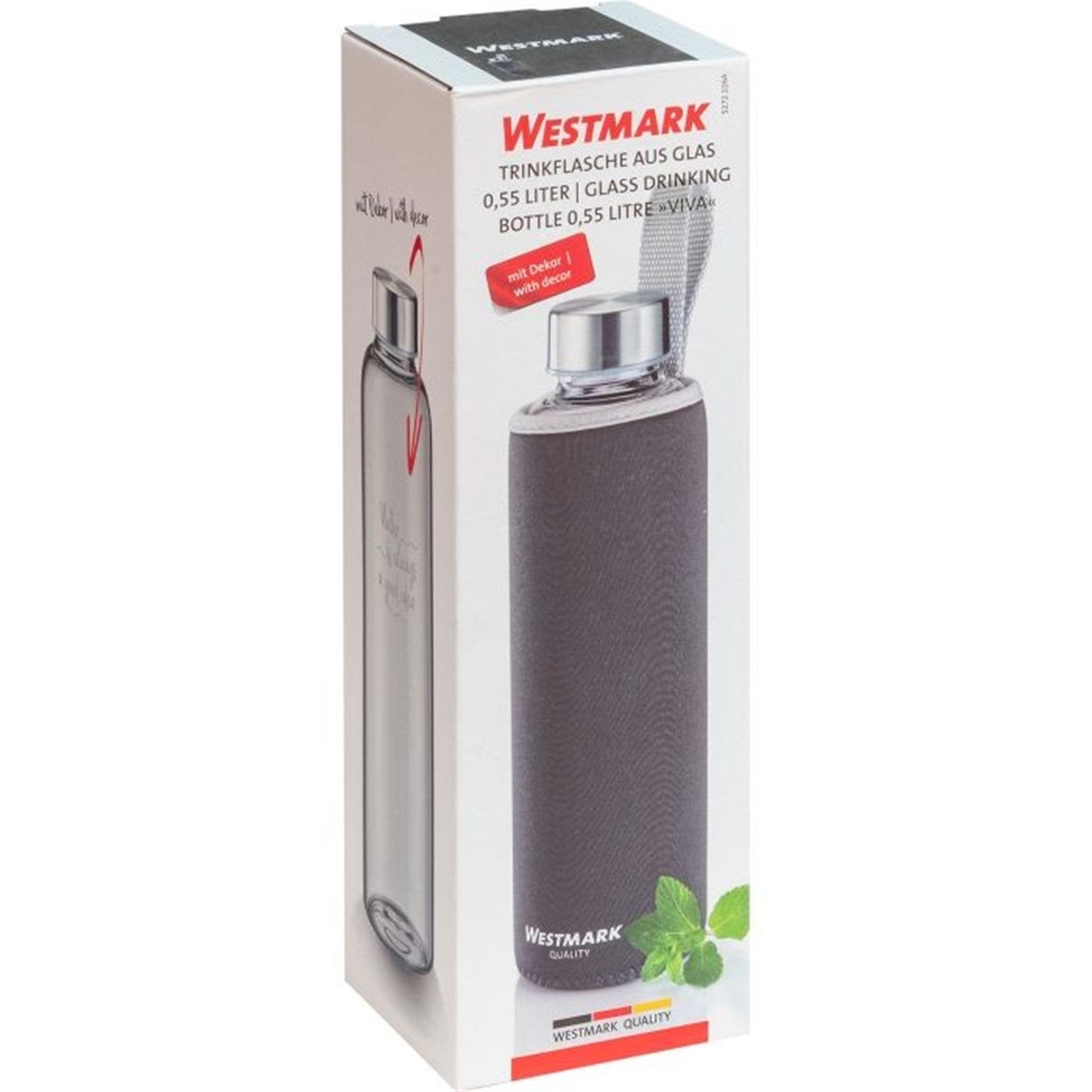 Glas-Trinkflasche 0,55 l mit anthrazit Cover, robust und stilvoll, perfekt für unterwegs, von Westmark.