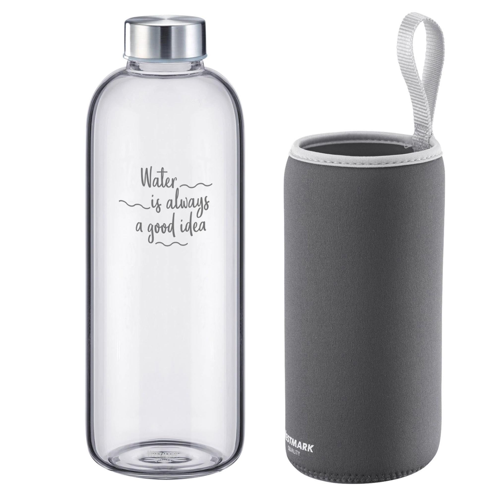 Entdecken Sie die umweltfreundliche Trinkflasche Viva aus Glas (1 l) mit anthrazitfarbenem Silikon-Cover von Westmark. Ideal für Büro, Sport und unterwegs!