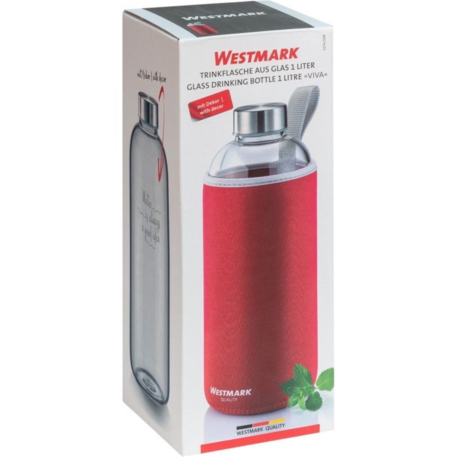 Glas-Trinkflasche 1L mit rotem Cover, ideal für unterwegs, robust und stilvoll, von Westmark.